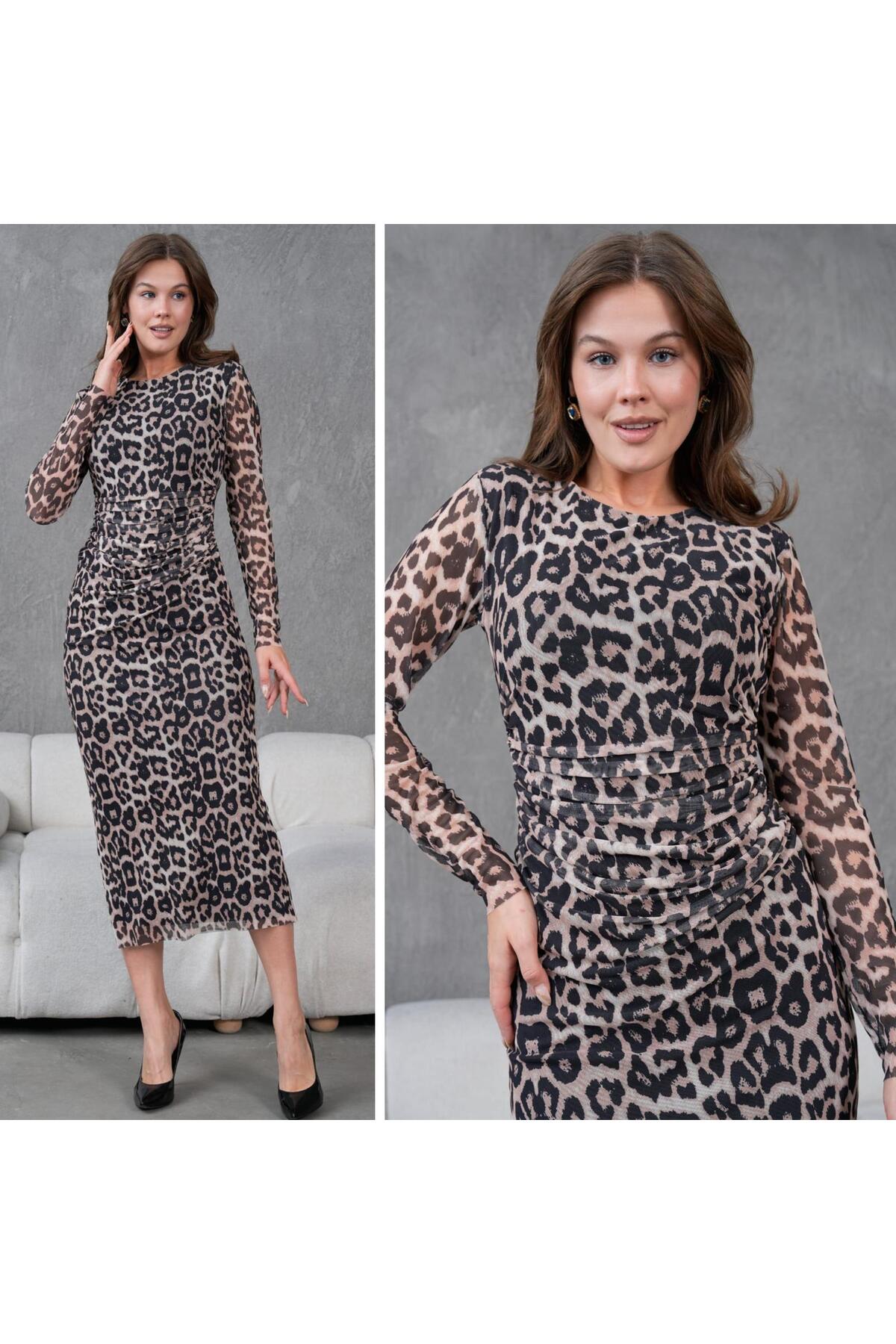 Bisiklet Yaka Likralı Baskılı Tül Elbise