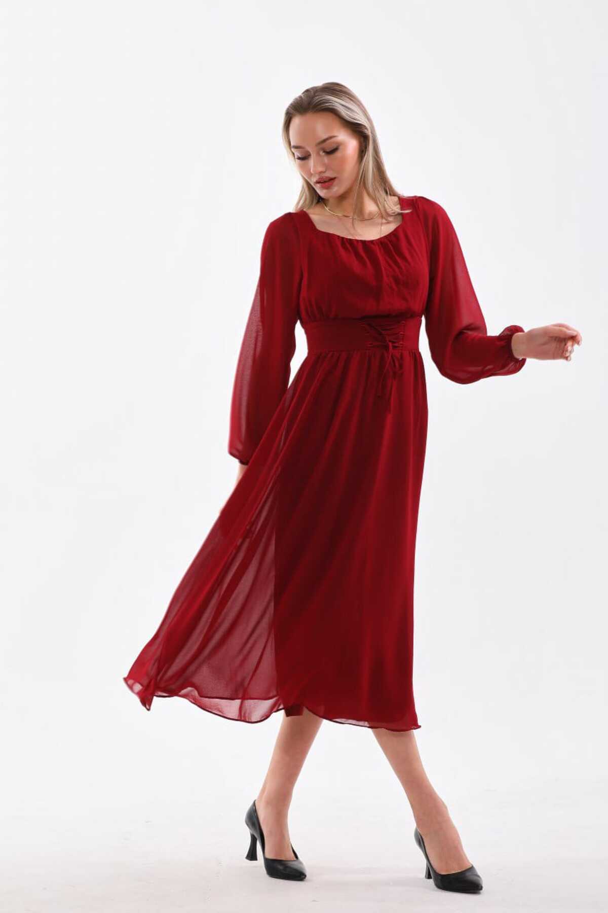 Belden İp Bağcılıklı Düz Şifon Elbise