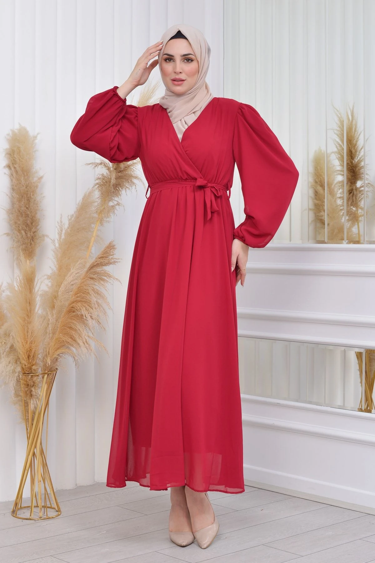 Kolu Astarlı Düz Şifon Elbise