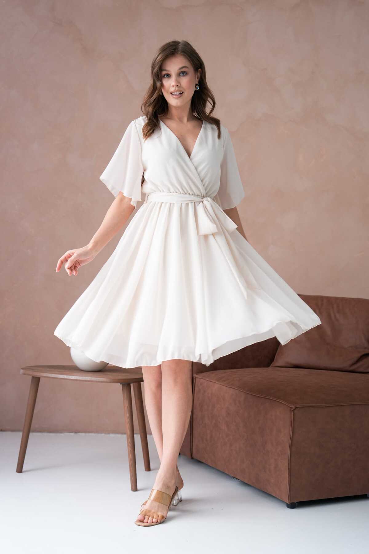 Kısa Kol Düz Şifon Elbise