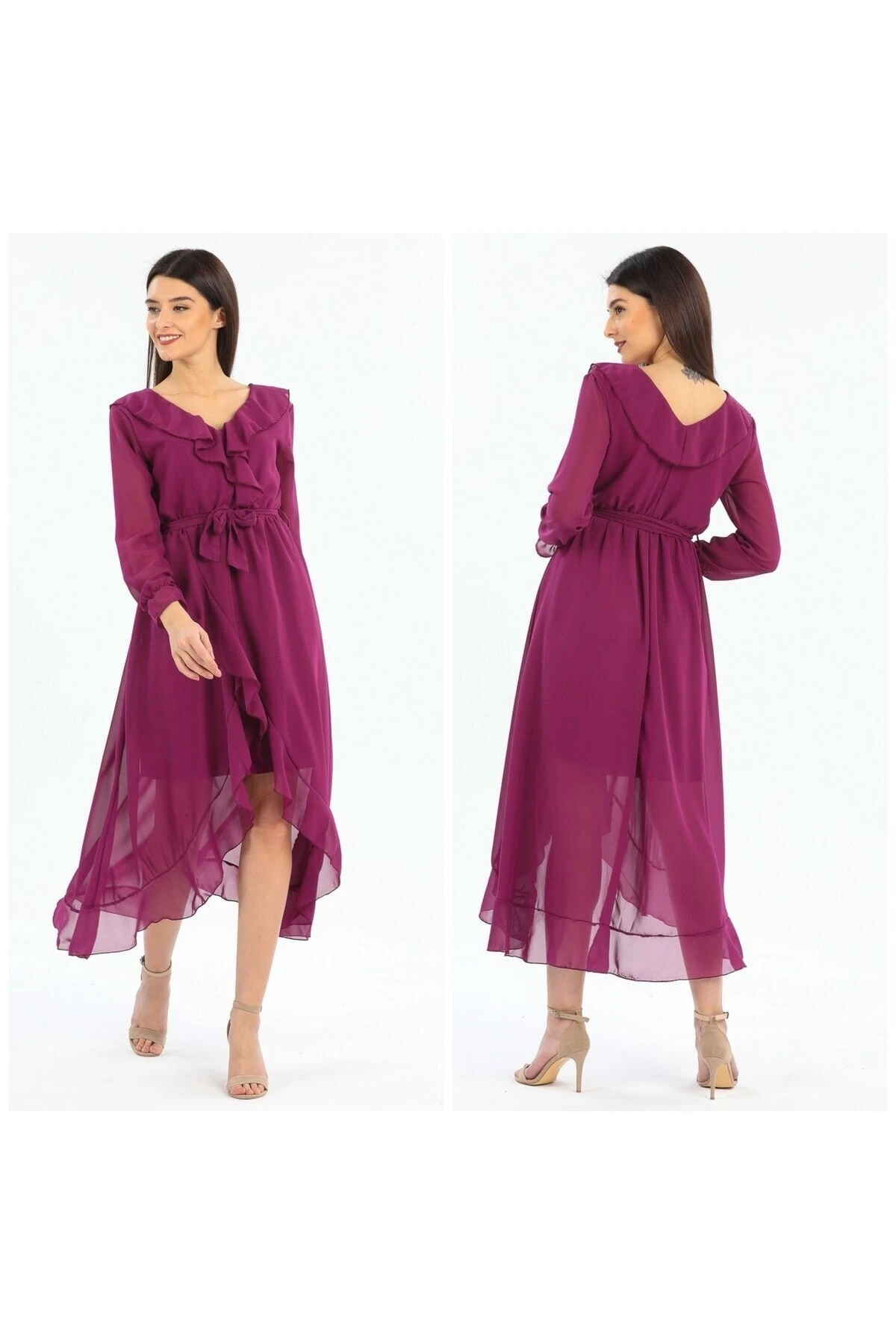 Uzun Kol Fırfırlı Düz Şifon Elbise