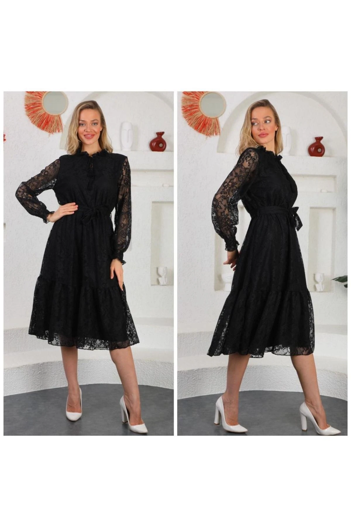 Midi Boy Bağcıklı Tül Elbise - siyah