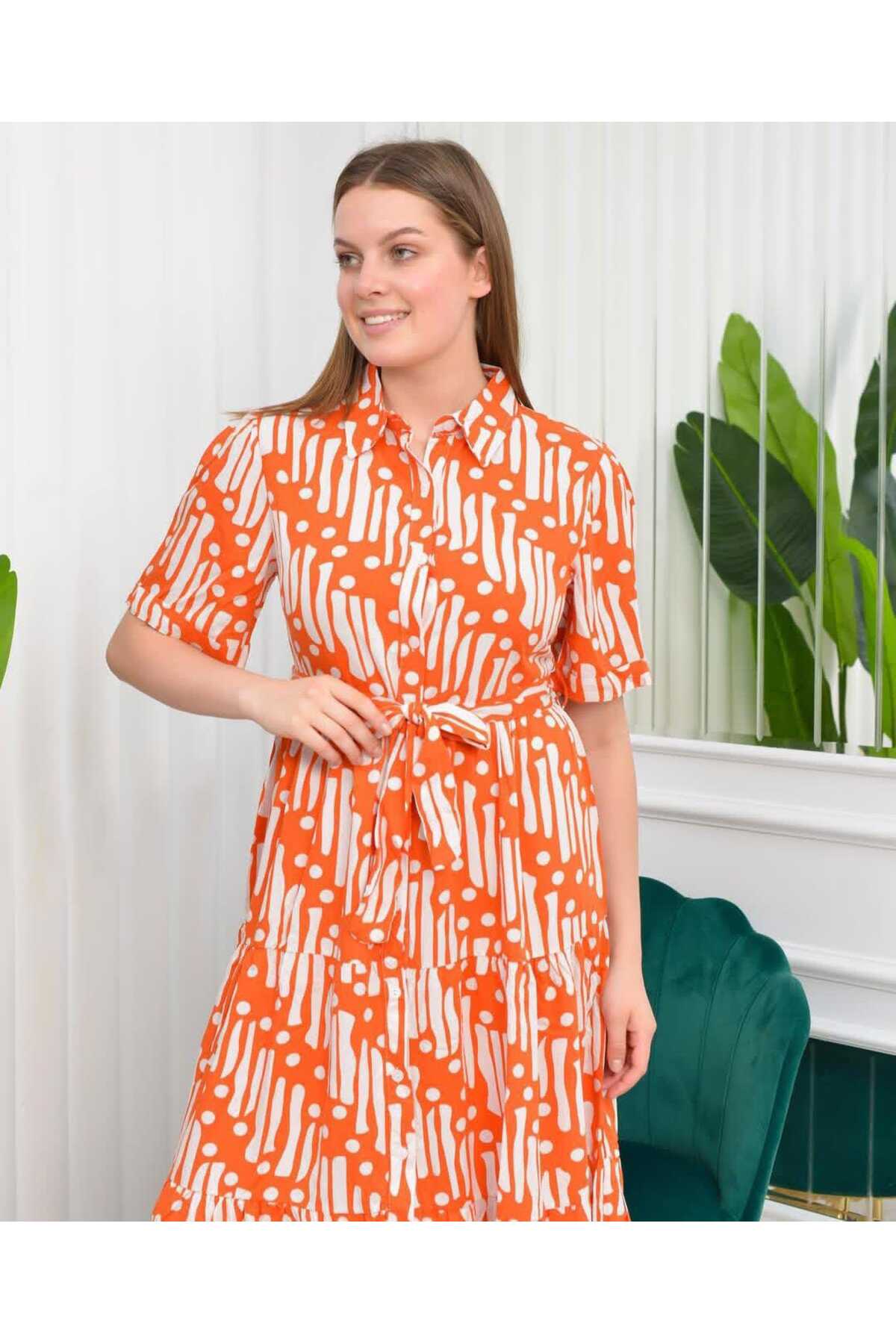 Gömlek Yaka Viskon Kuşaklı Elbise