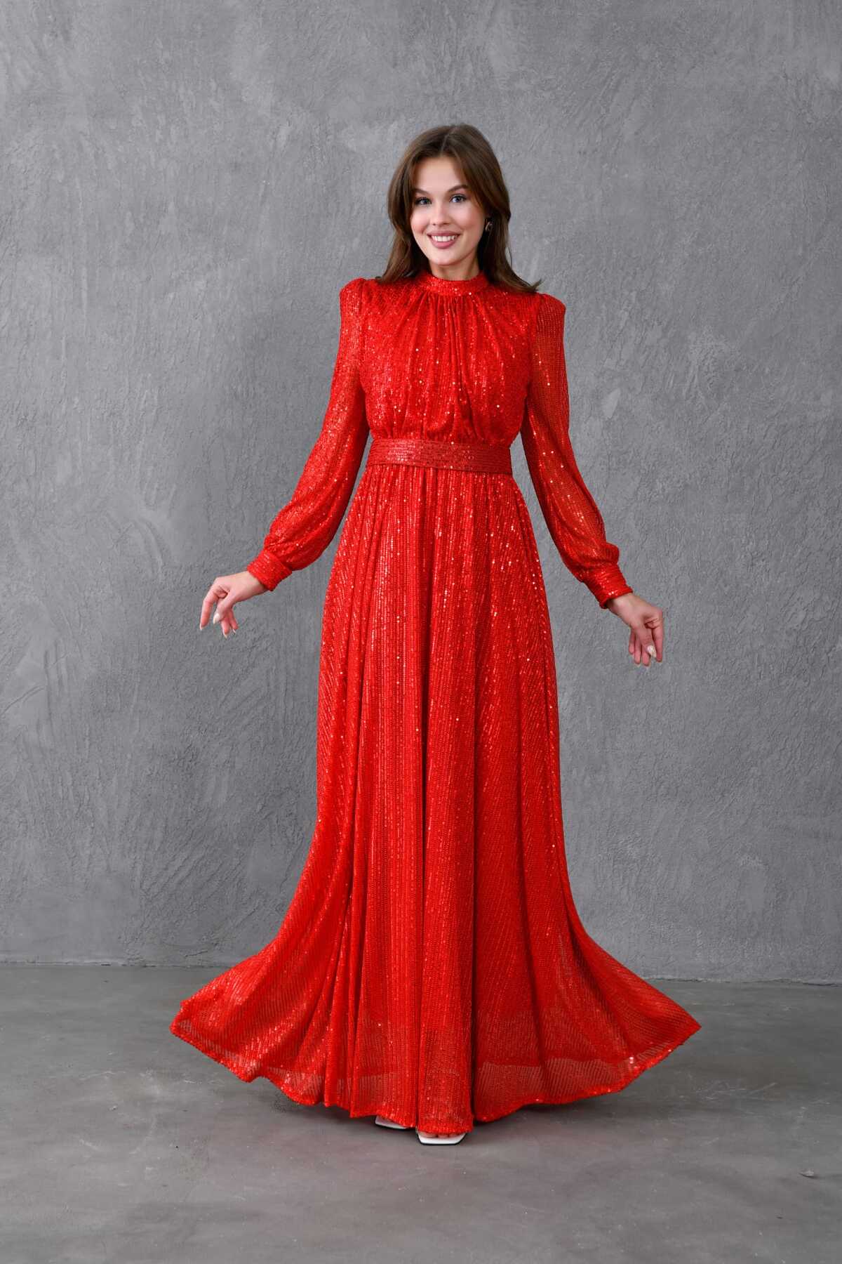 Abiye Pul Payetli Elbise - kırmızı