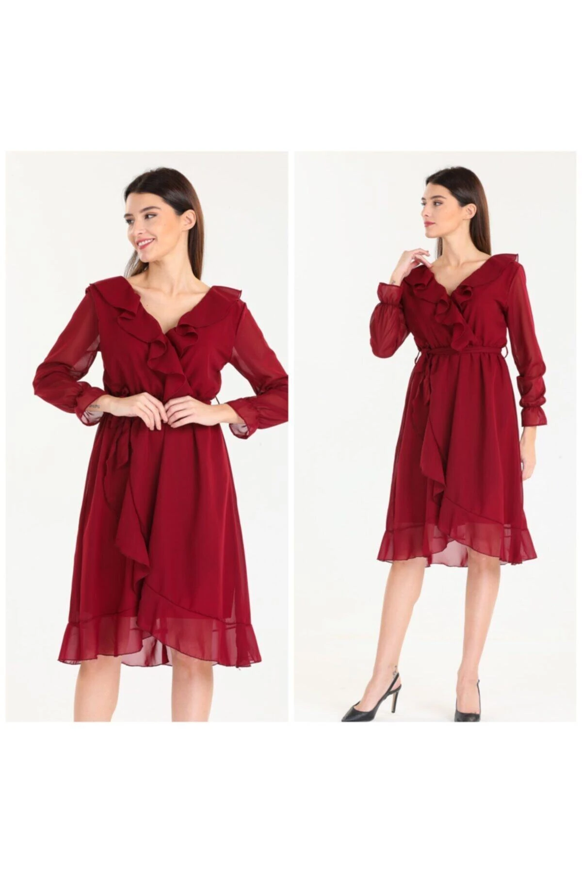 Midi Boy Fırfırlı Düz Şifon Elbise