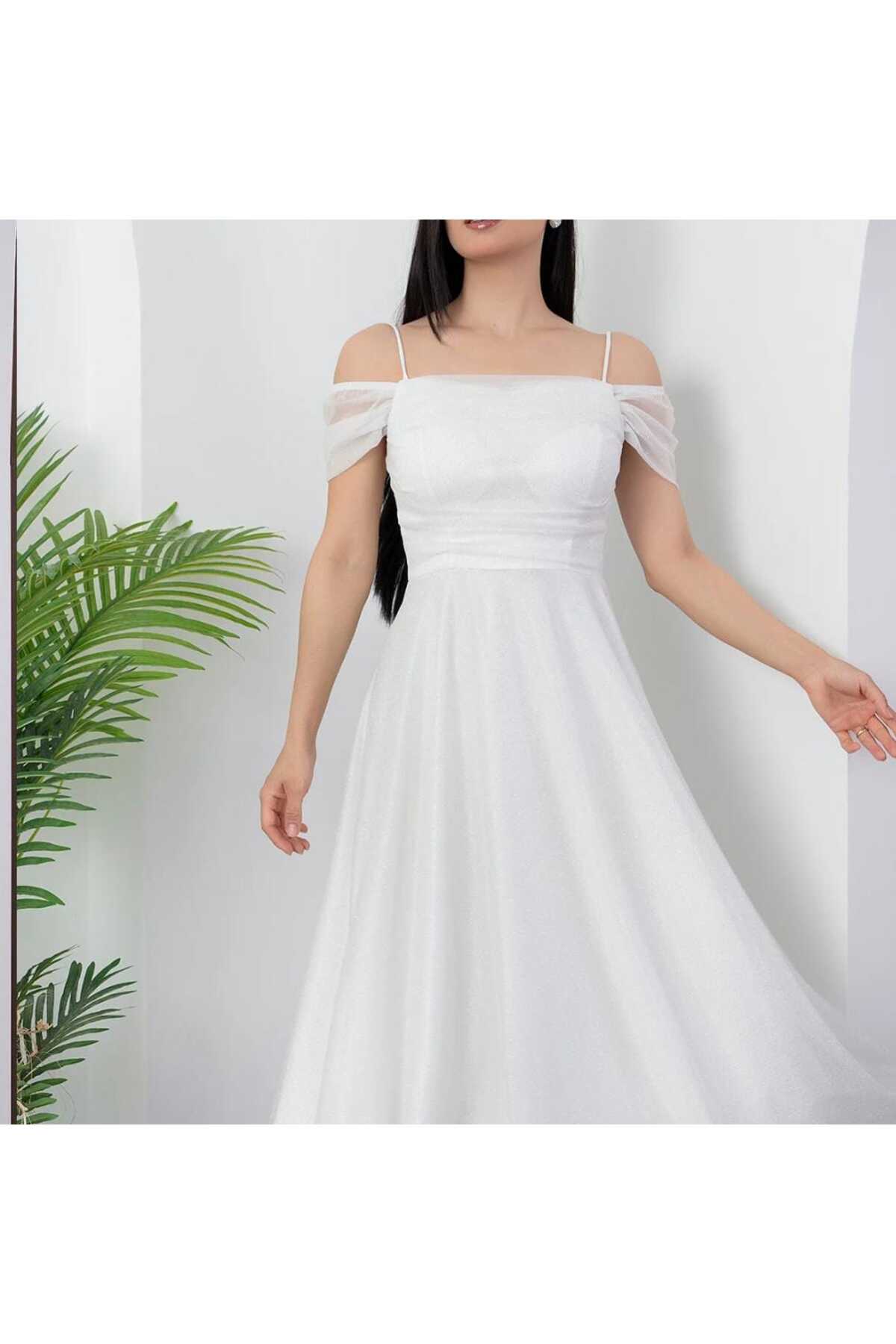 Askılı Simli Tül Abiye Elbise