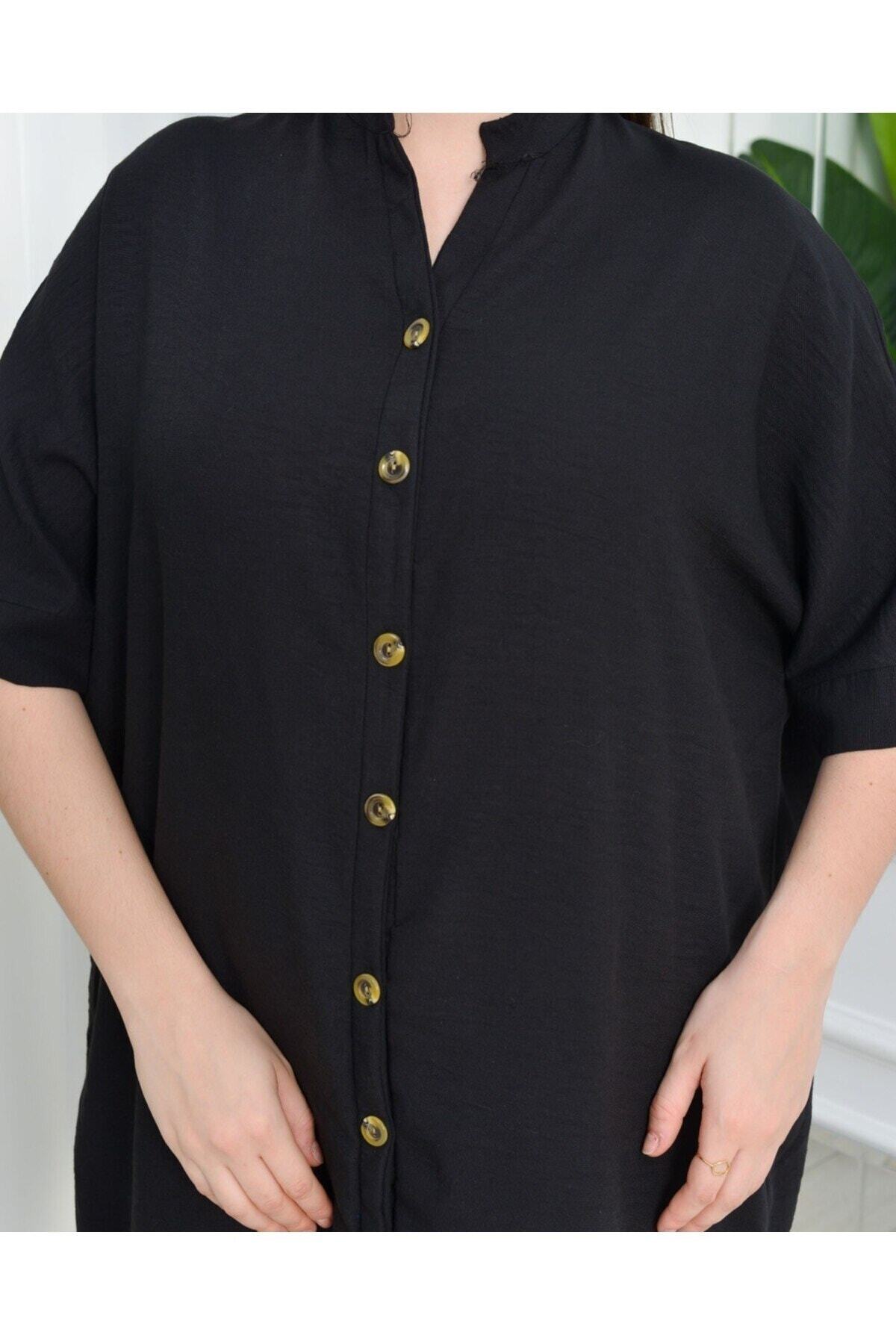 Keten Salaş Tunik Gömlek Elbise - siyah