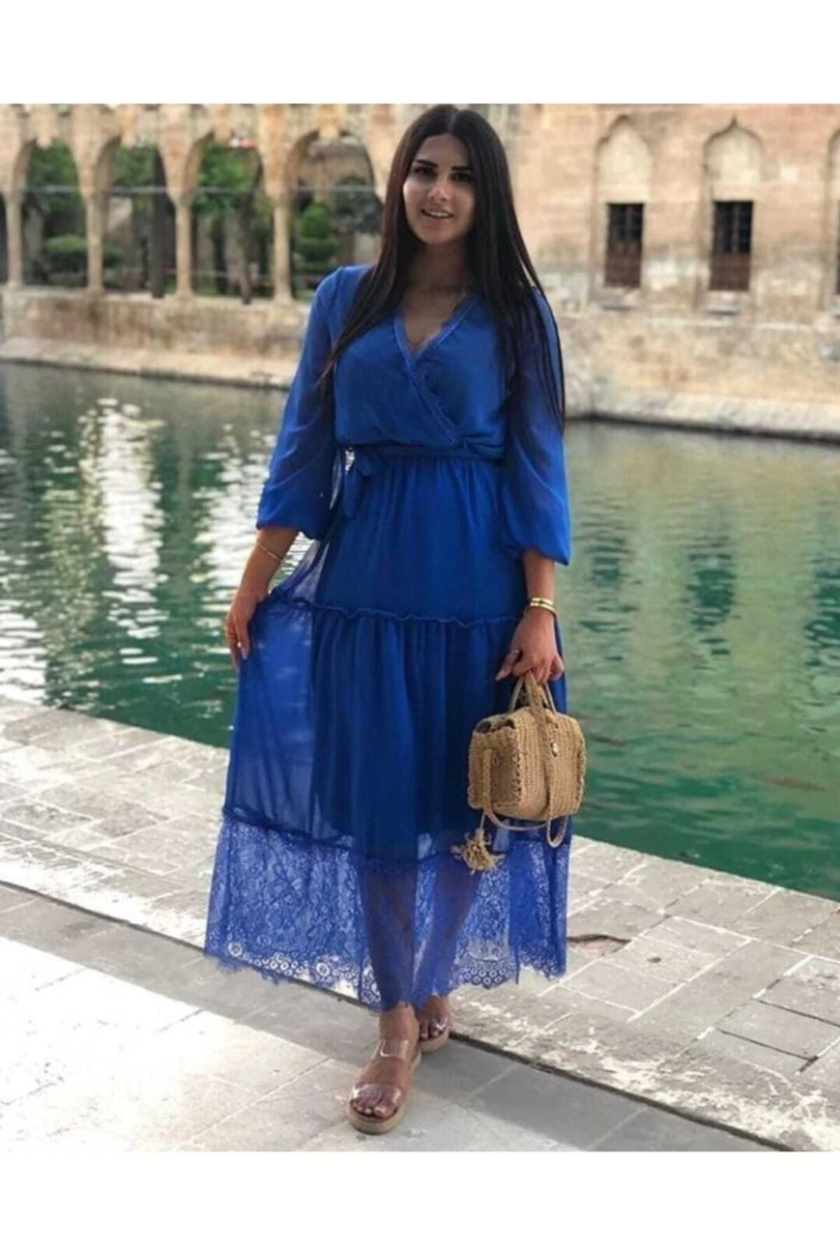 Kadın Beyaz Eteği Dantel Şifon - saks mavi