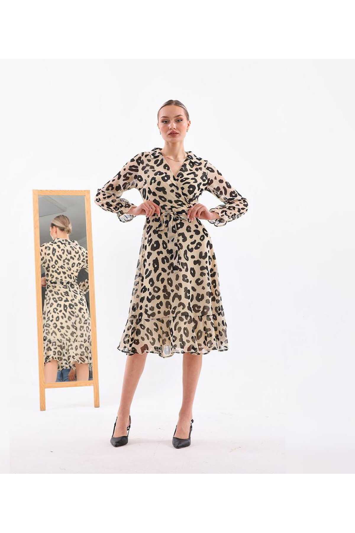 Yakalı Midi Boy Şifon Elbise