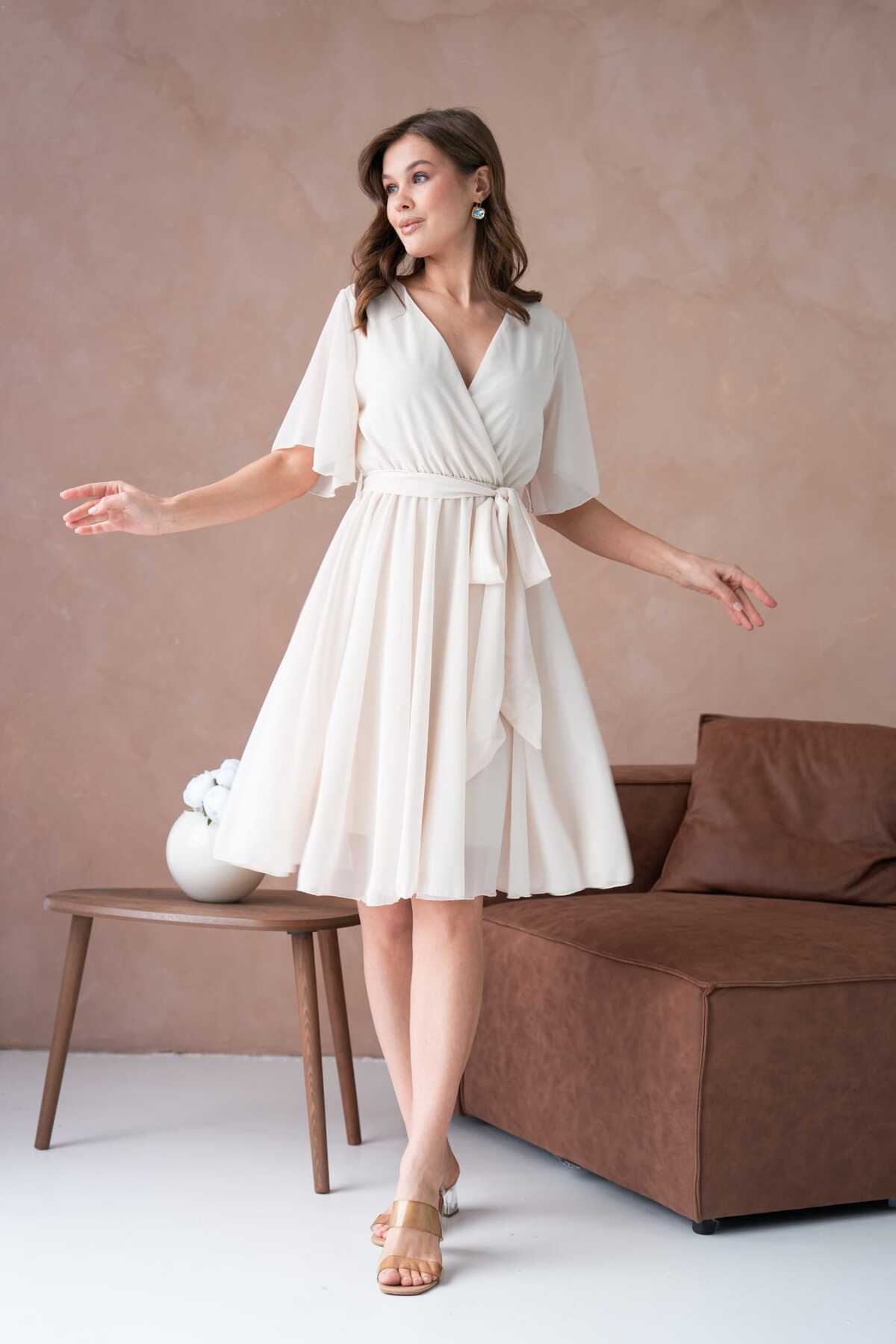 Kısa Kol Düz Şifon Elbise