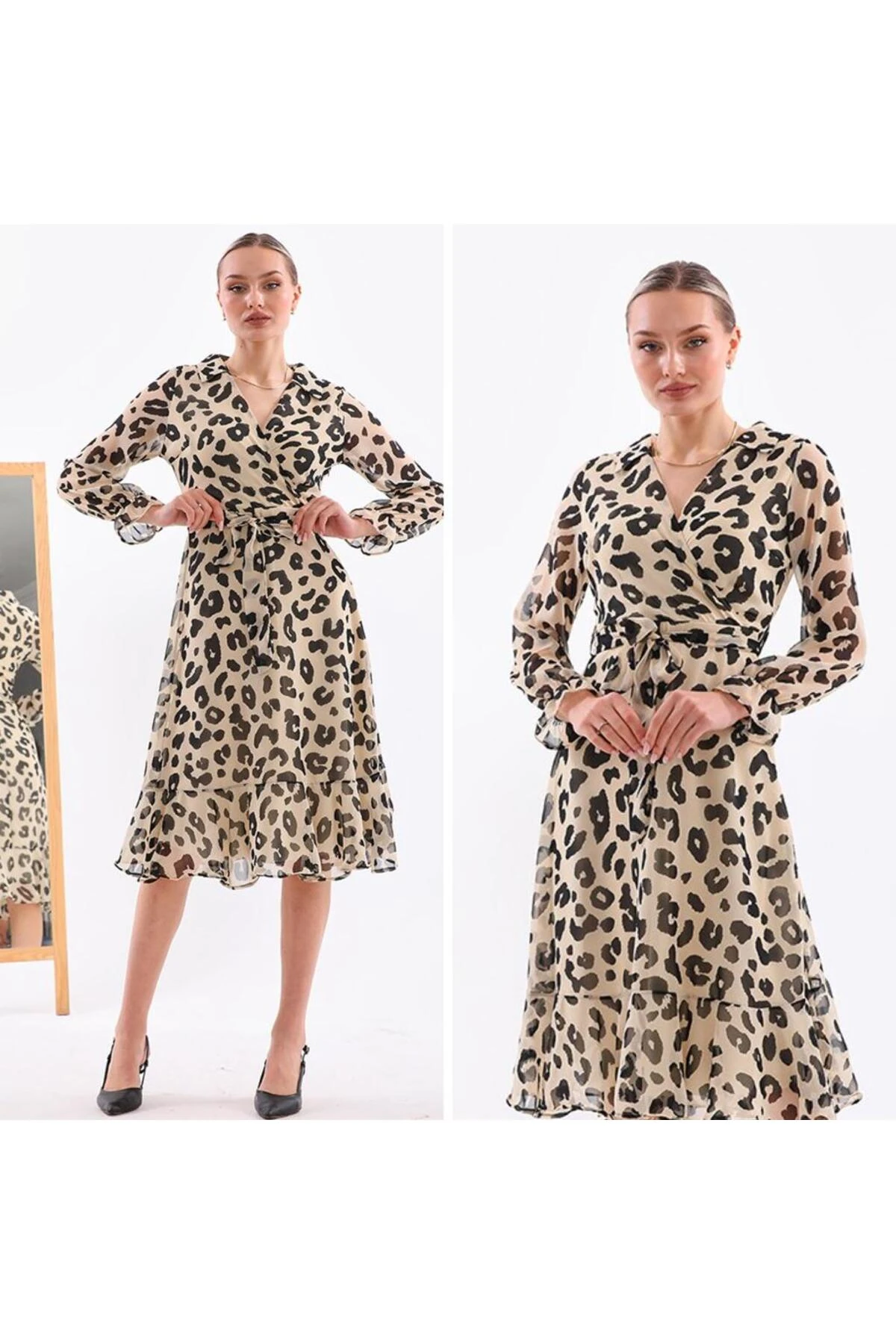 Yakalı Midi Boy Şifon Elbise