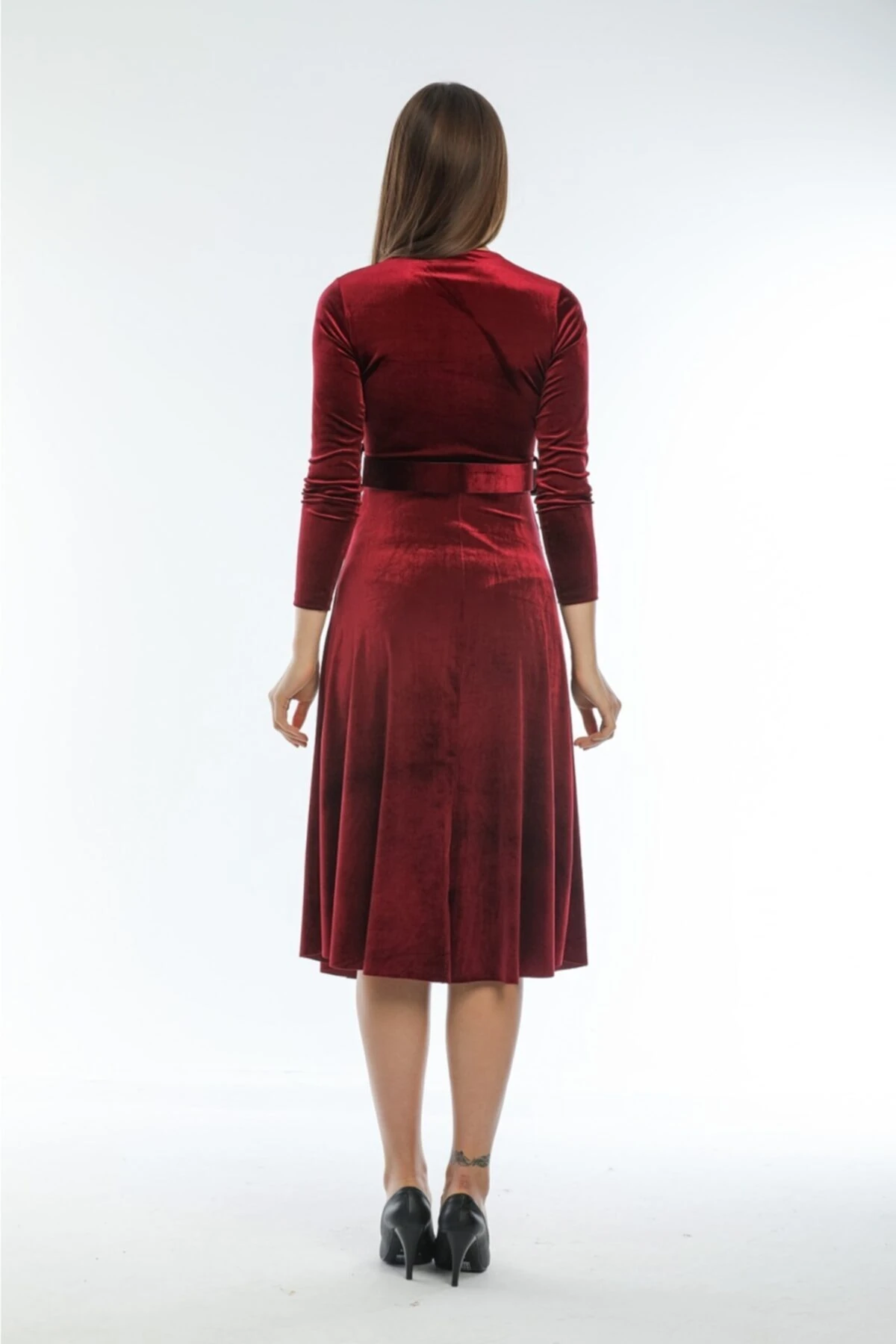 Ithal Kadife Elbise Midi (KEMERLİ)