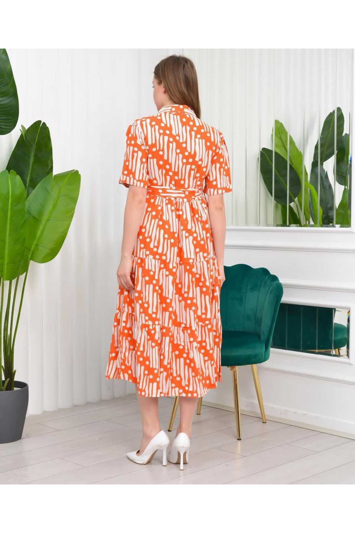 Gömlek Yaka Viskon Kuşaklı Elbise