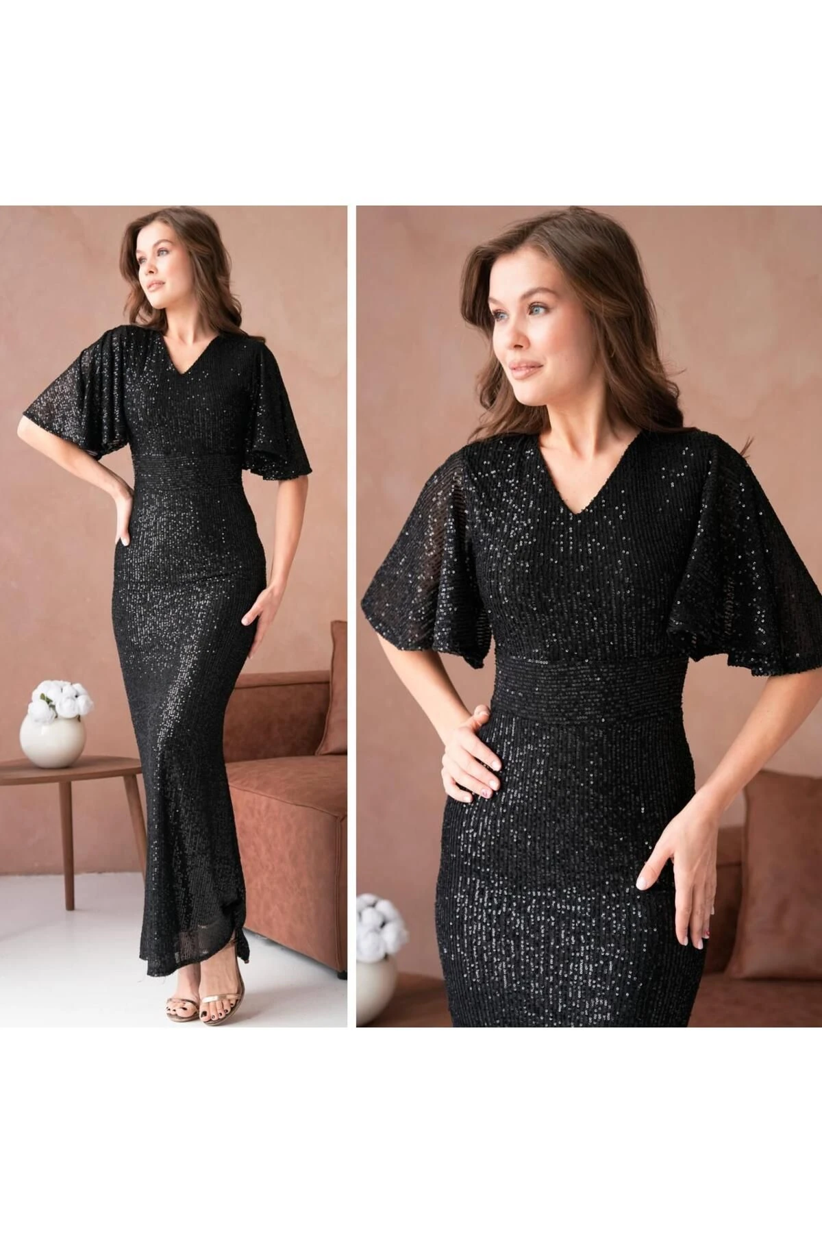 Abiye Pul Payet Kısa Kol Elbise - siyah