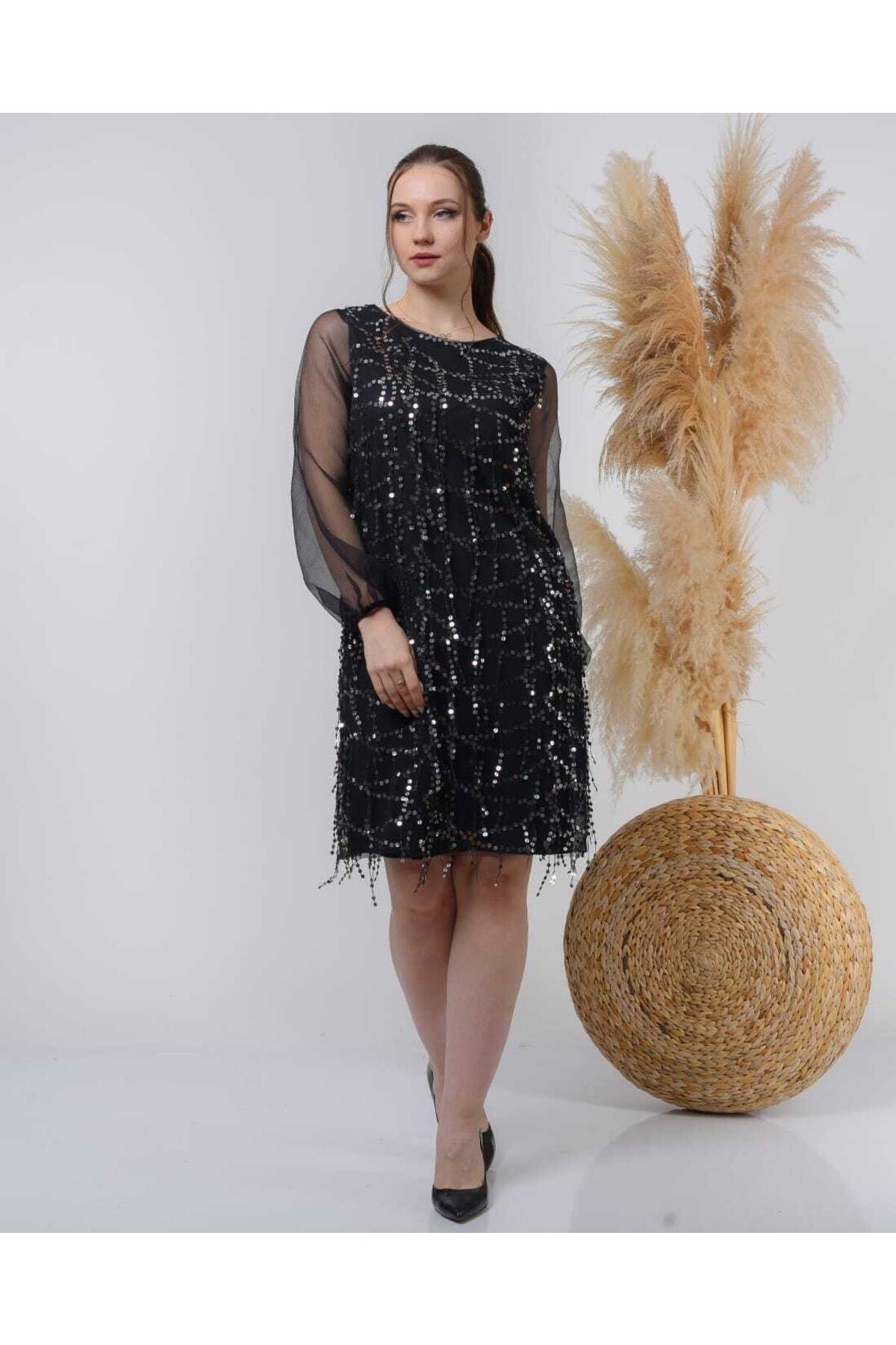 Pul Payetli Elbise - gri pullu