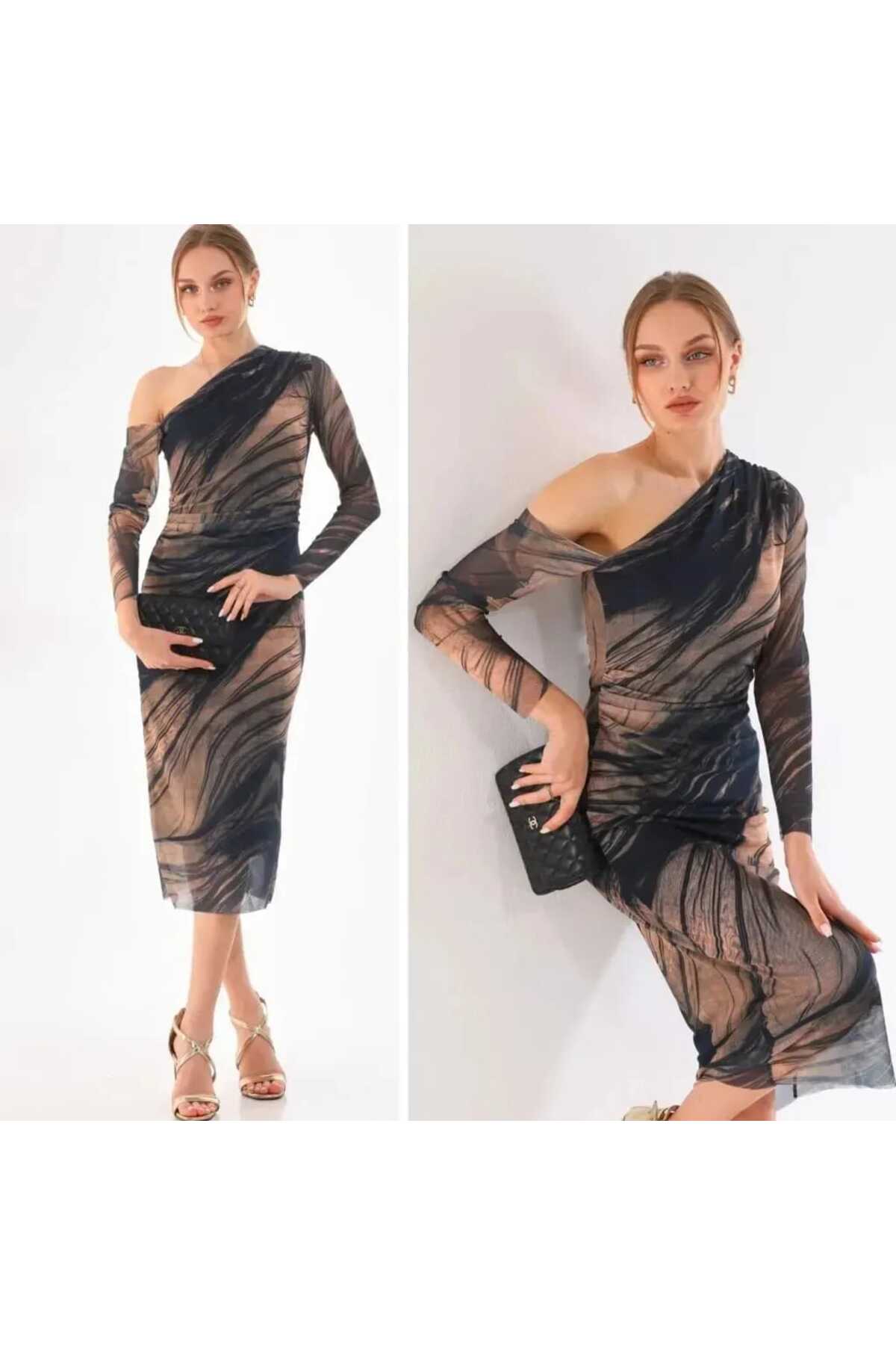 Tek Omuzlu Likralı Baskılı Tül Elbise