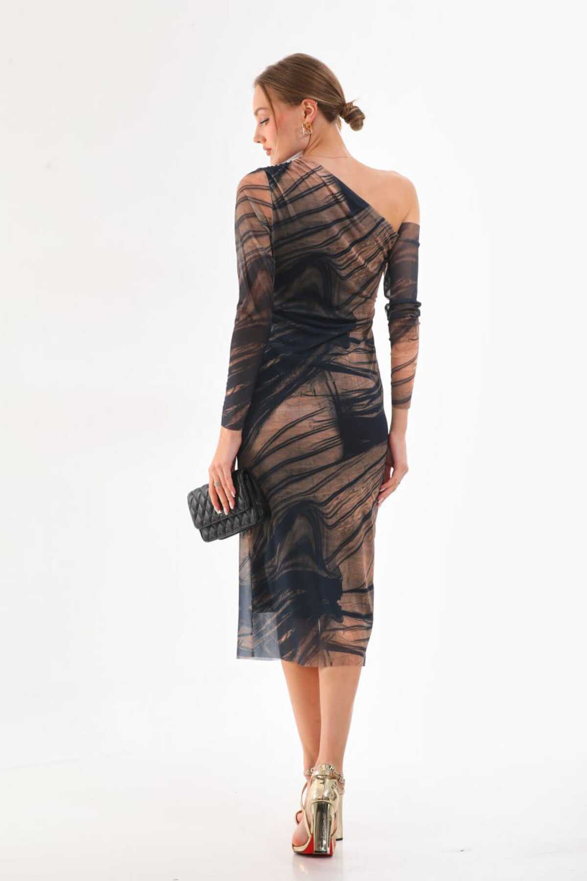 Tek Omuzlu Likralı Baskılı Tül Elbise