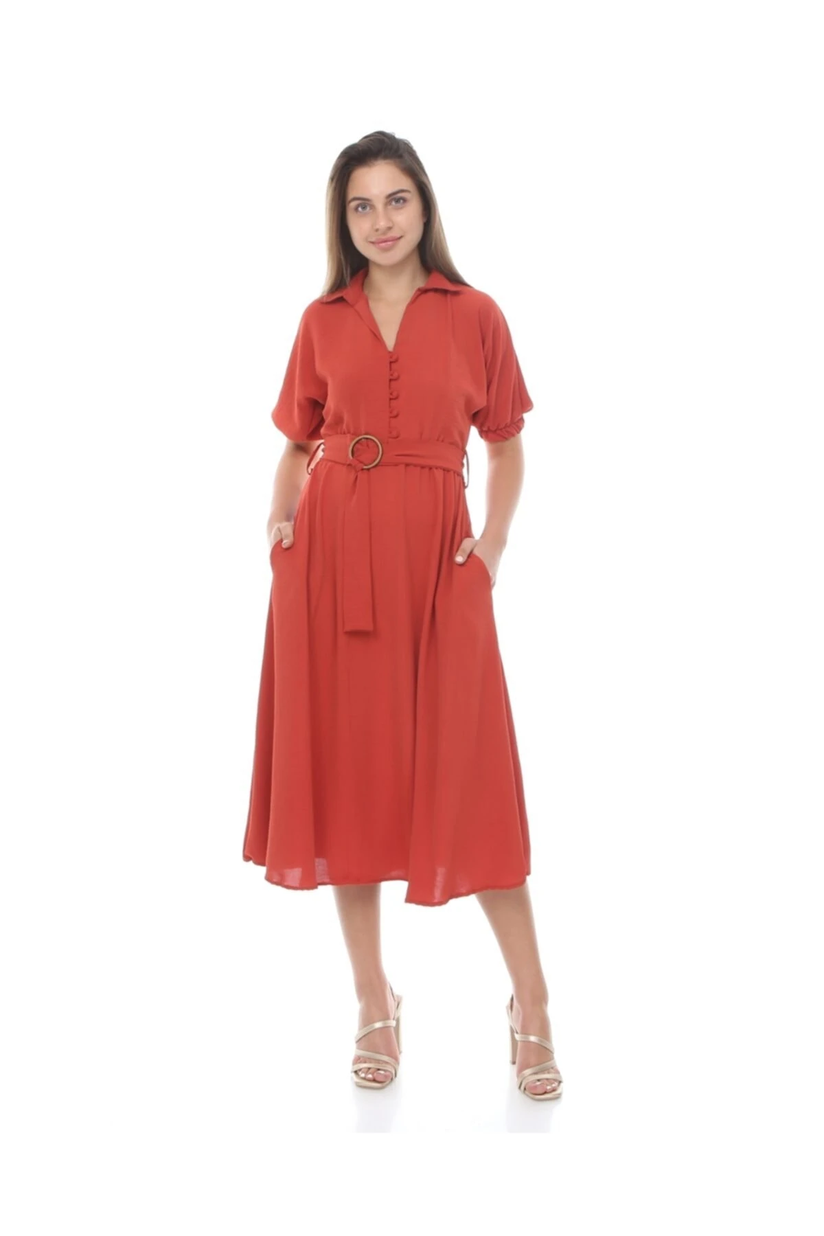 Ayrobin Midi Boy Elbise - kiremit