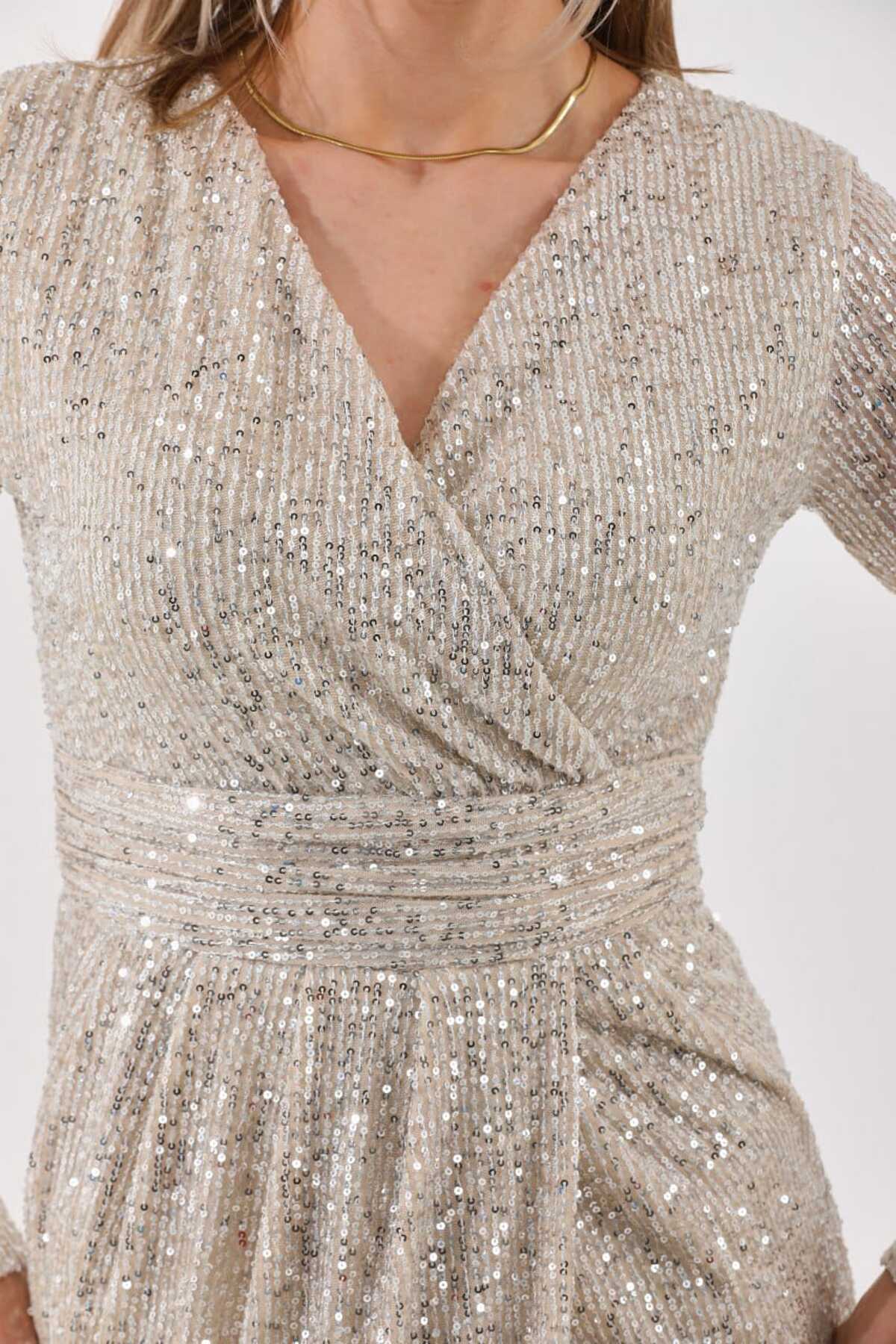 PUL PAYETLİ KRUVAZE ABİYE ELBİSE