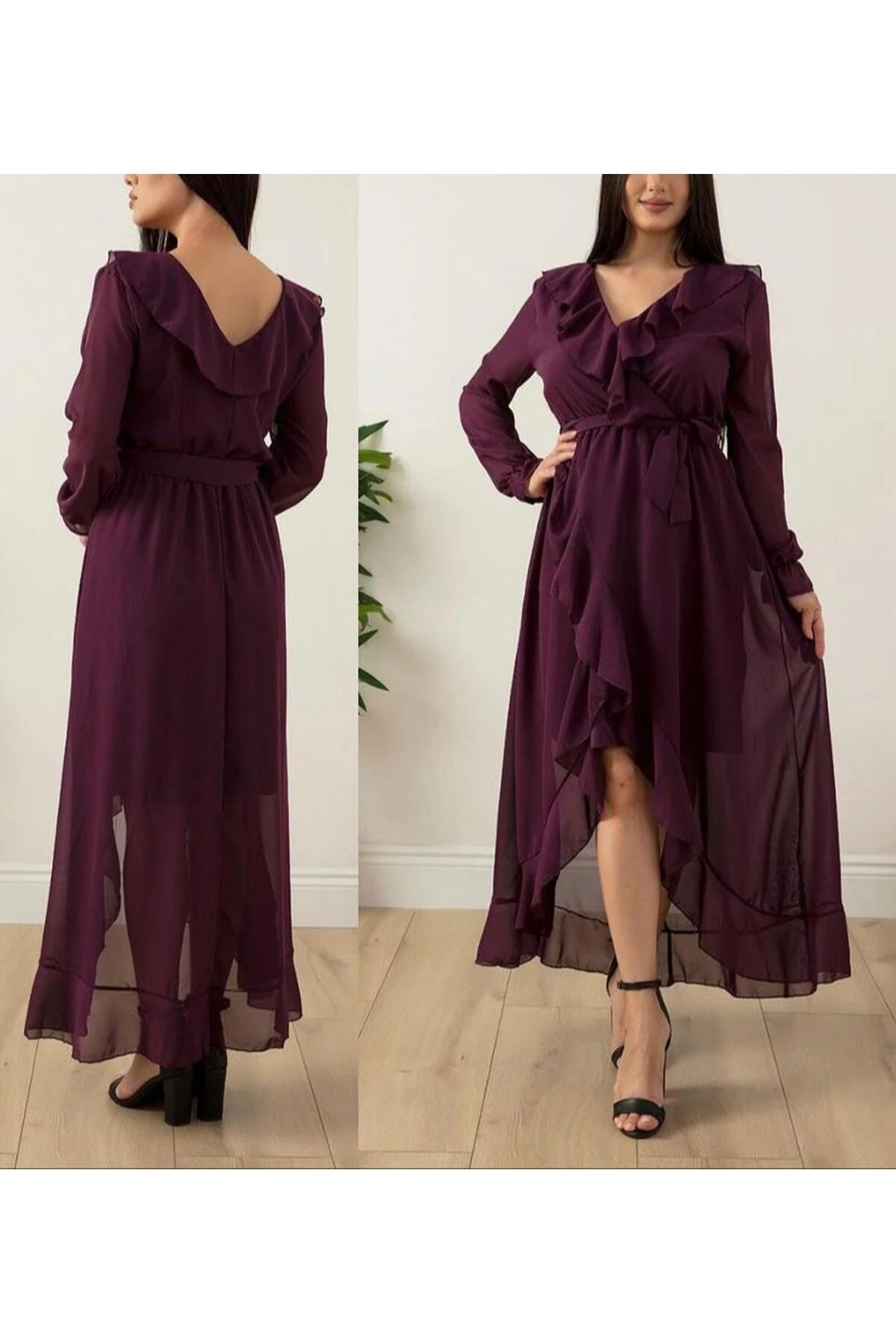 Uzun Kol Fırfırlı Düz Şifon Elbise - mor