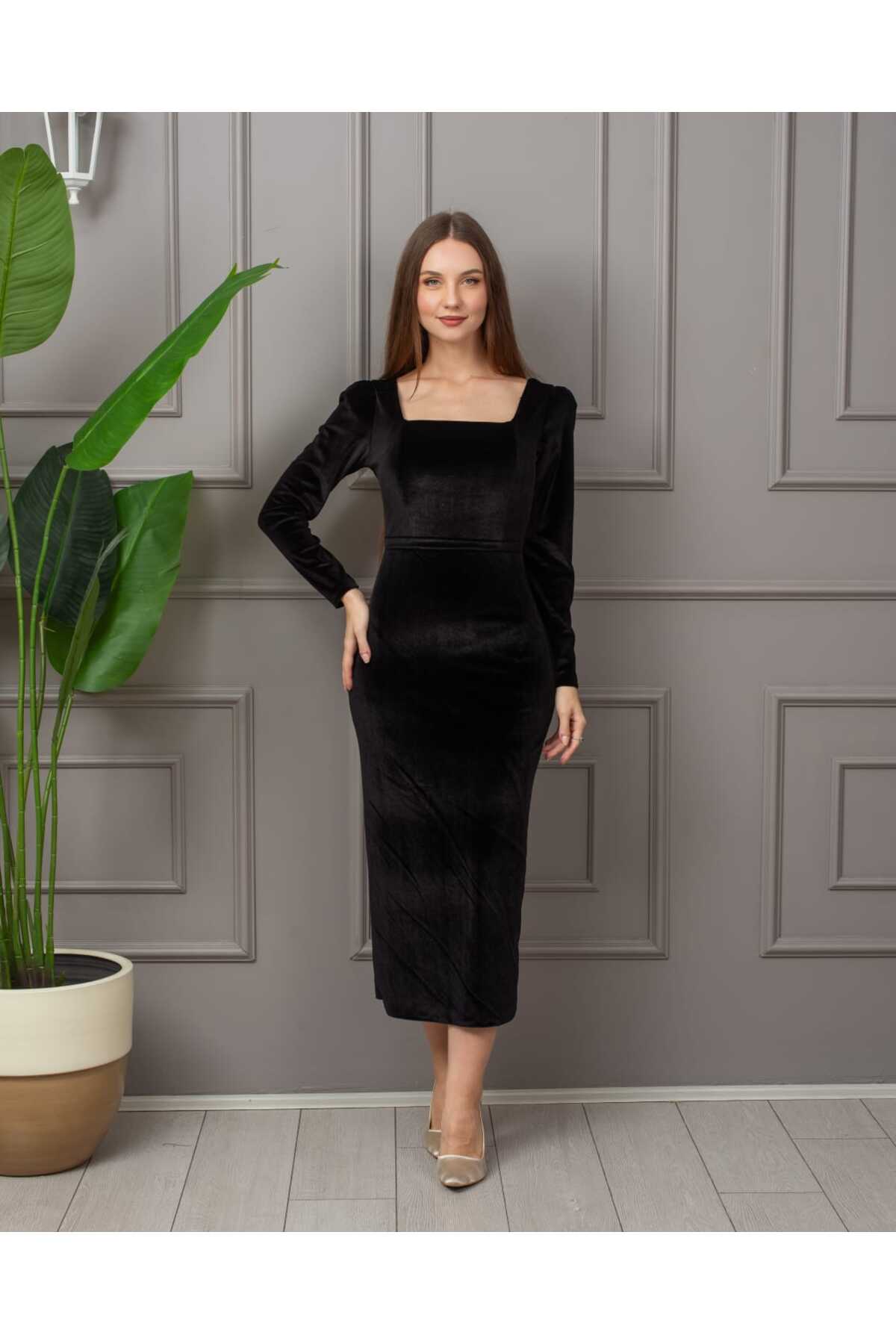 Kare Yaka Likralı Kadife Elbise