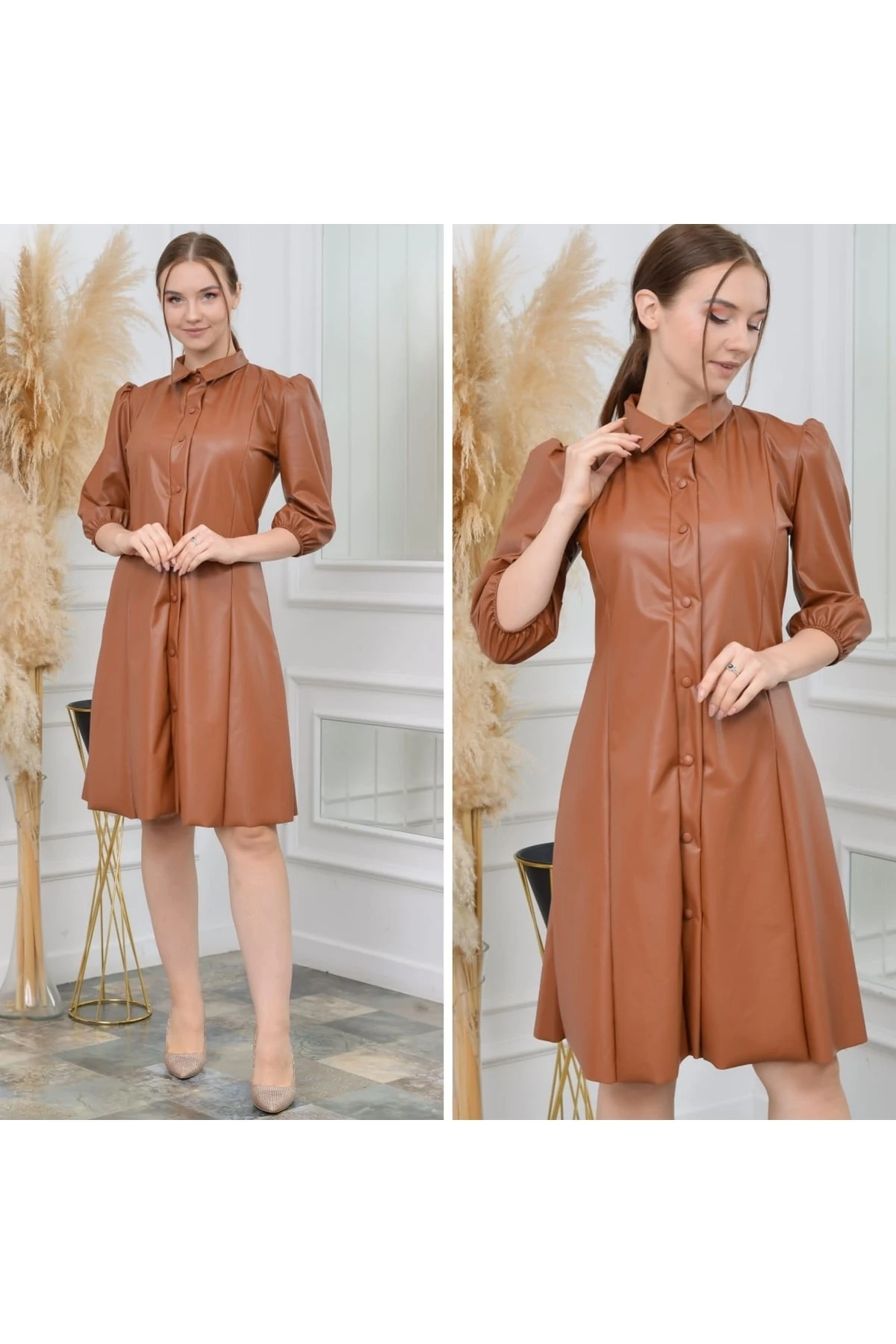 Gömlek Yaka Deri Elbise - taba