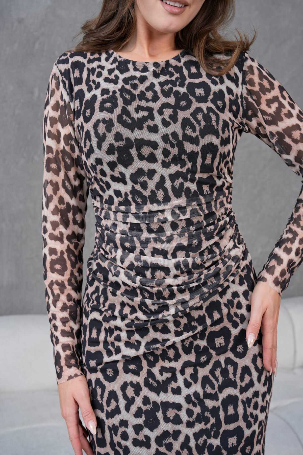 Bisiklet Yaka Likralı Baskılı Tül Elbise