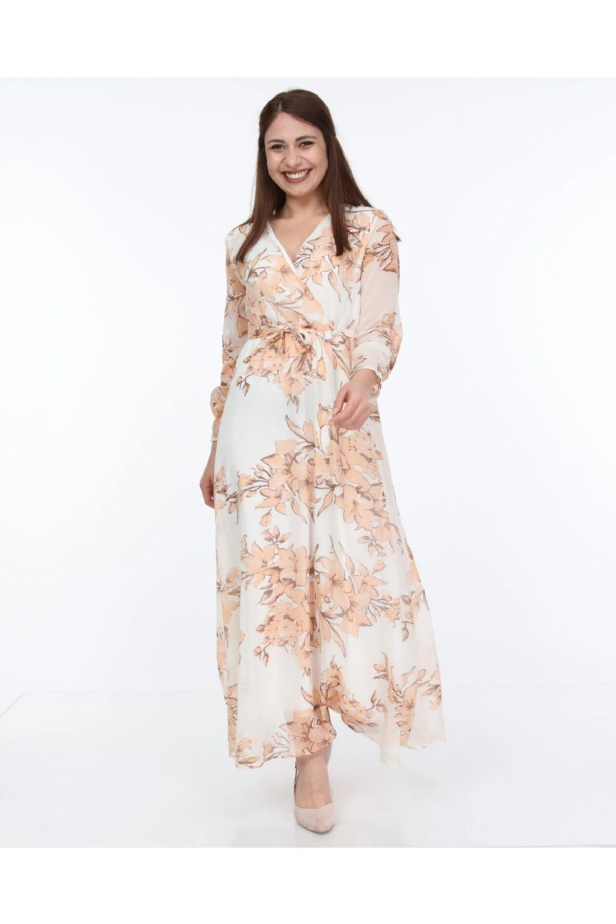 Kadın   Çiçek Desenli Uzun Şifon Elbise - somon