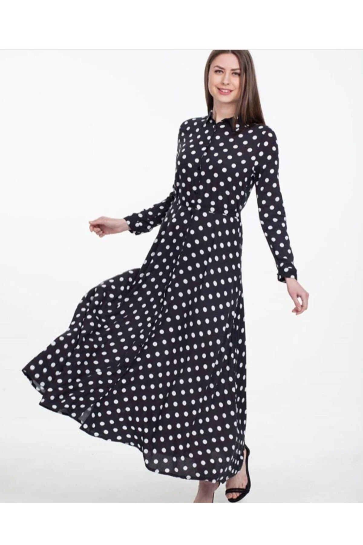 Puanlı Gömlek Yaka Uzun Boy Viskon Elbise