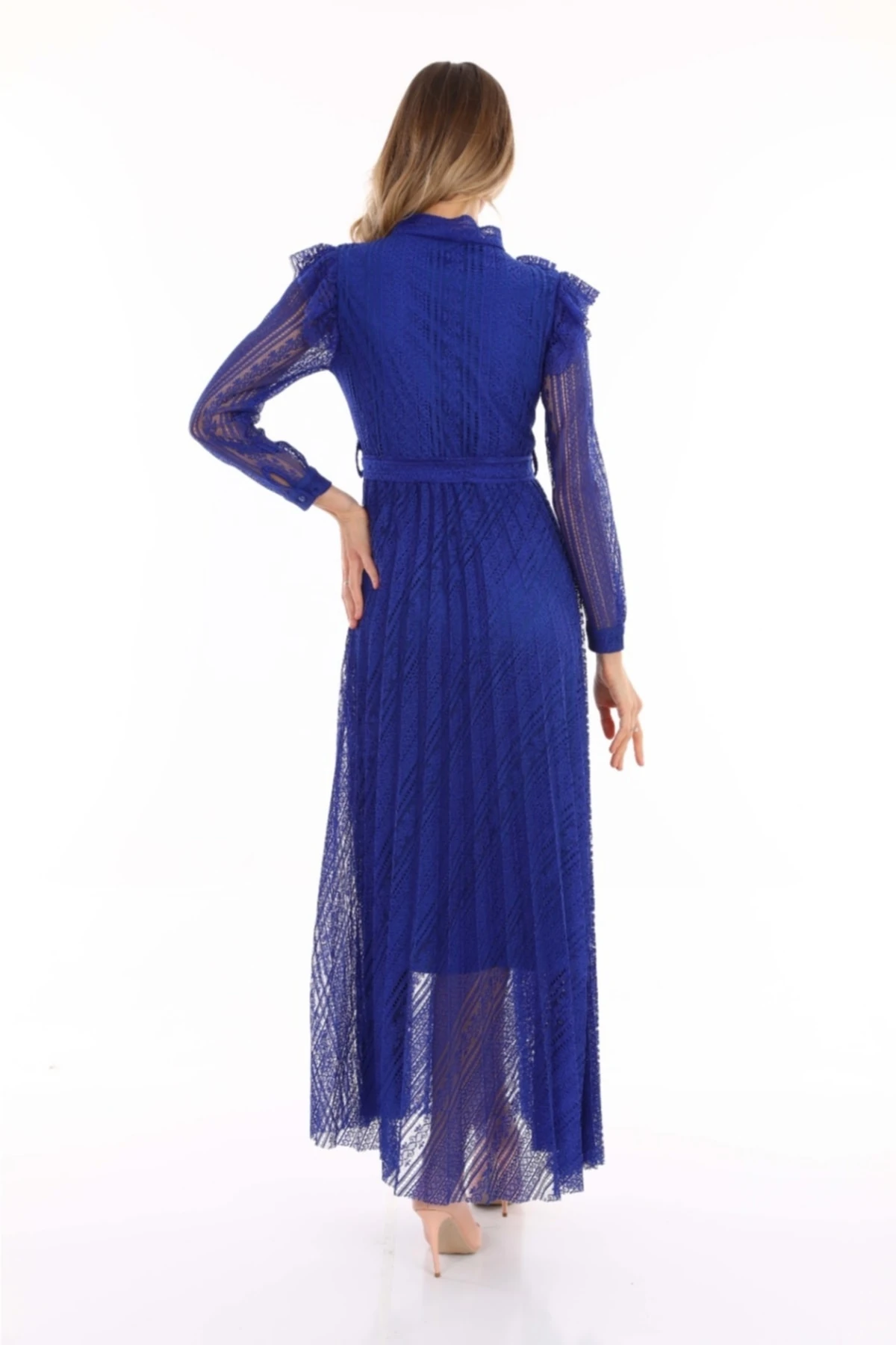 Pileli Tül Deri Kemerli Elbise