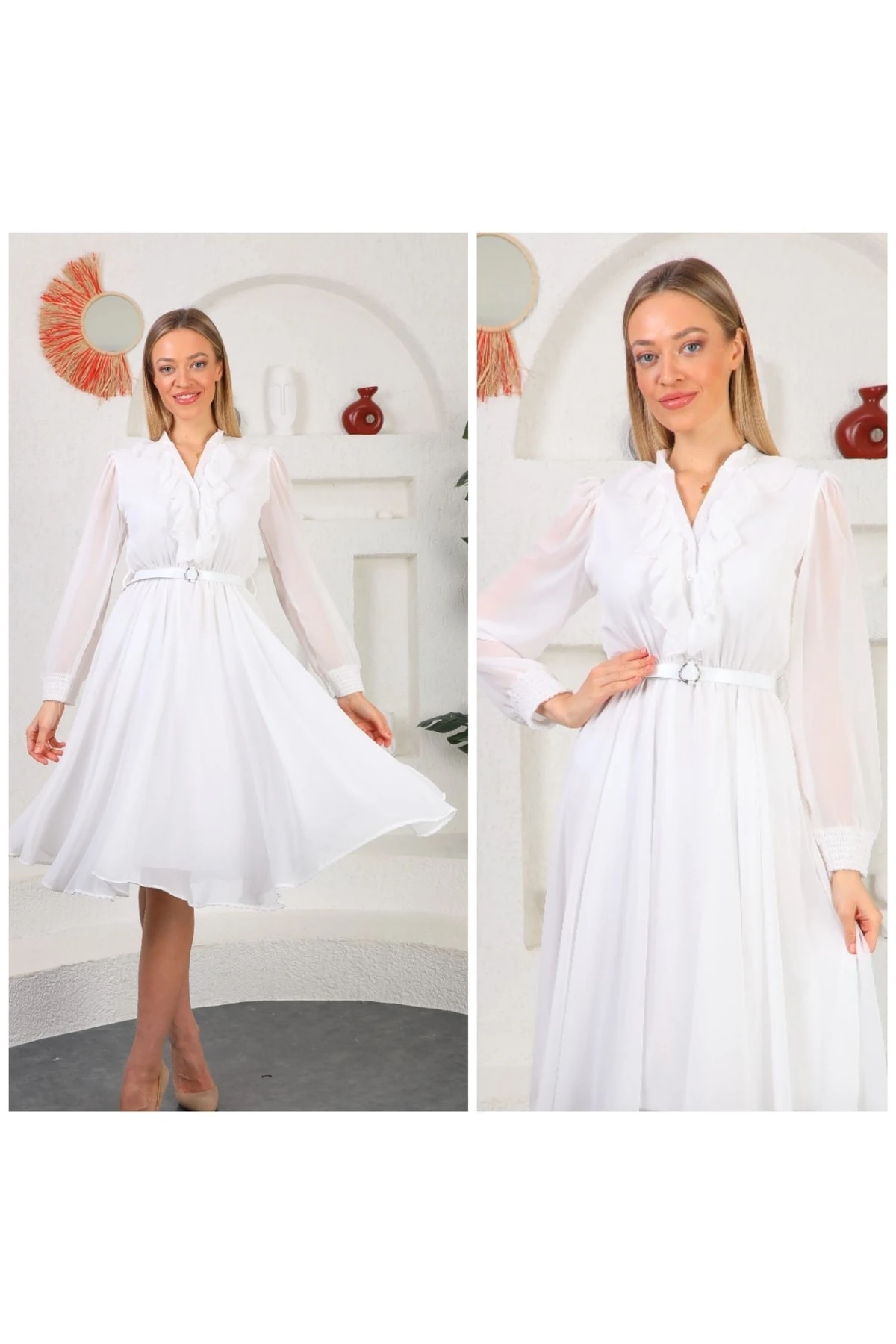 Deri Kemerli Barbie Şifon Elbise