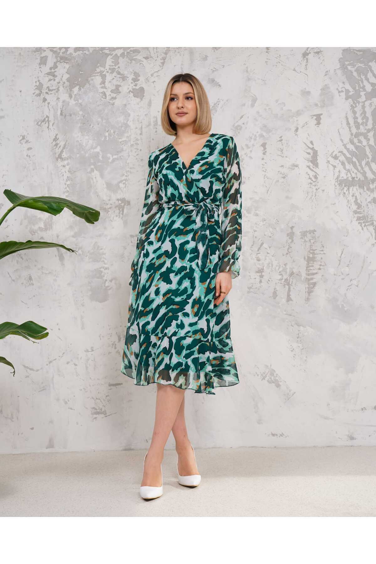 Yan Fermuarlı Midi Boy Desenli Şifon