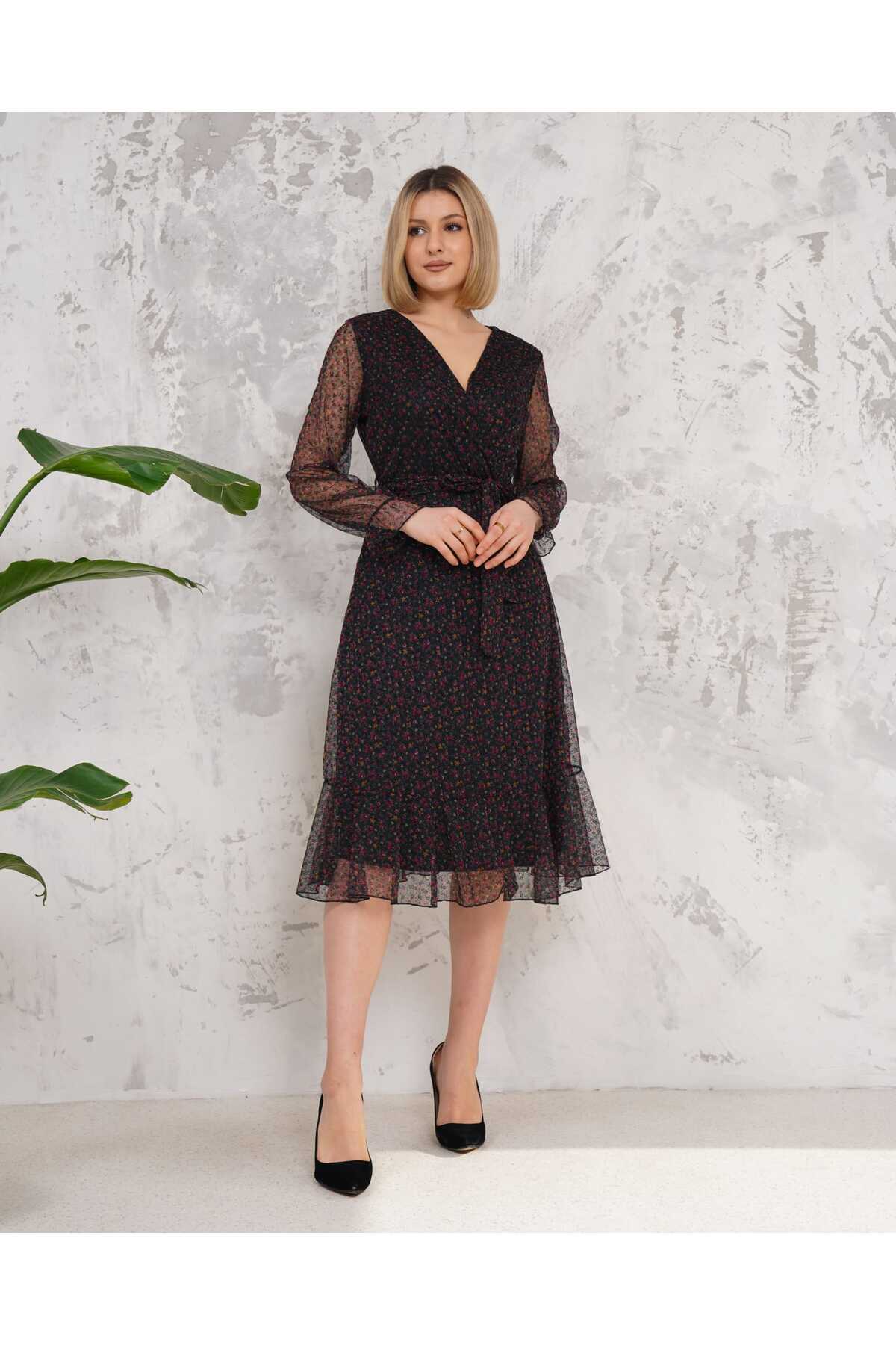 Yan Fermuarlı Midi Boy Filoklu Likralı Tül Elbise