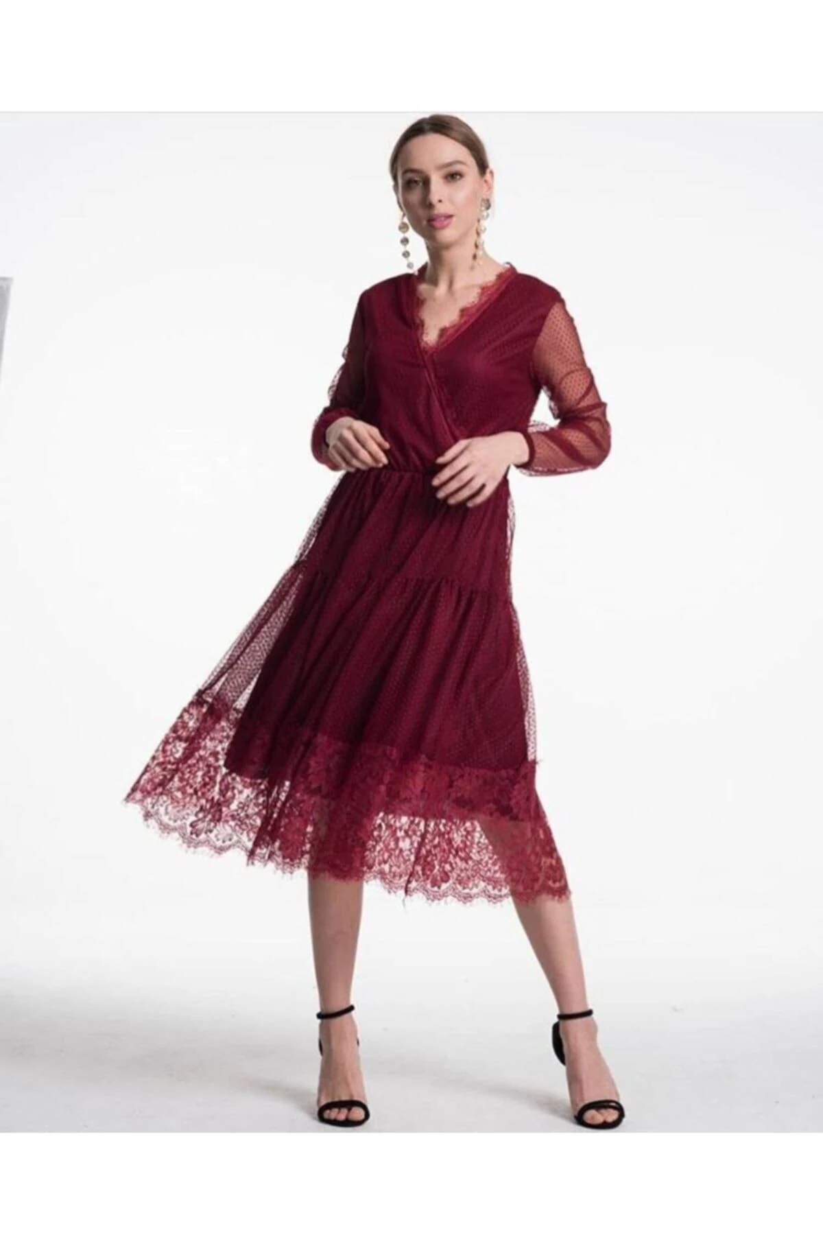 Kadın Bordo Tül Astarlı Elbise - bordo