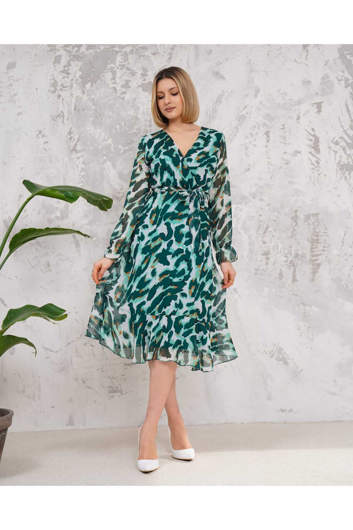 Yan Fermuarlı Midi Boy Desenli Şifon