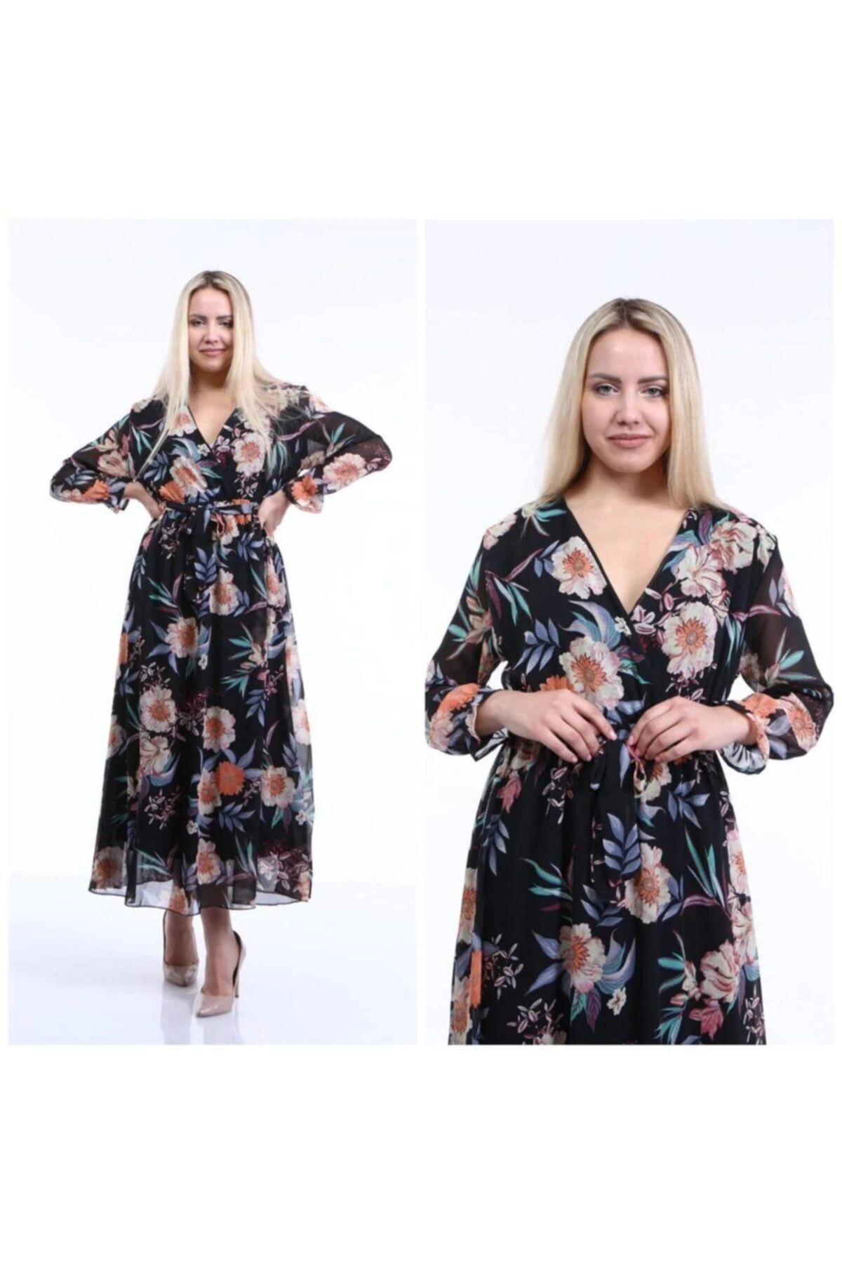 Kadın Kırmızı Çiçek Desenli Uzun Şifon Elbise - a13 desen