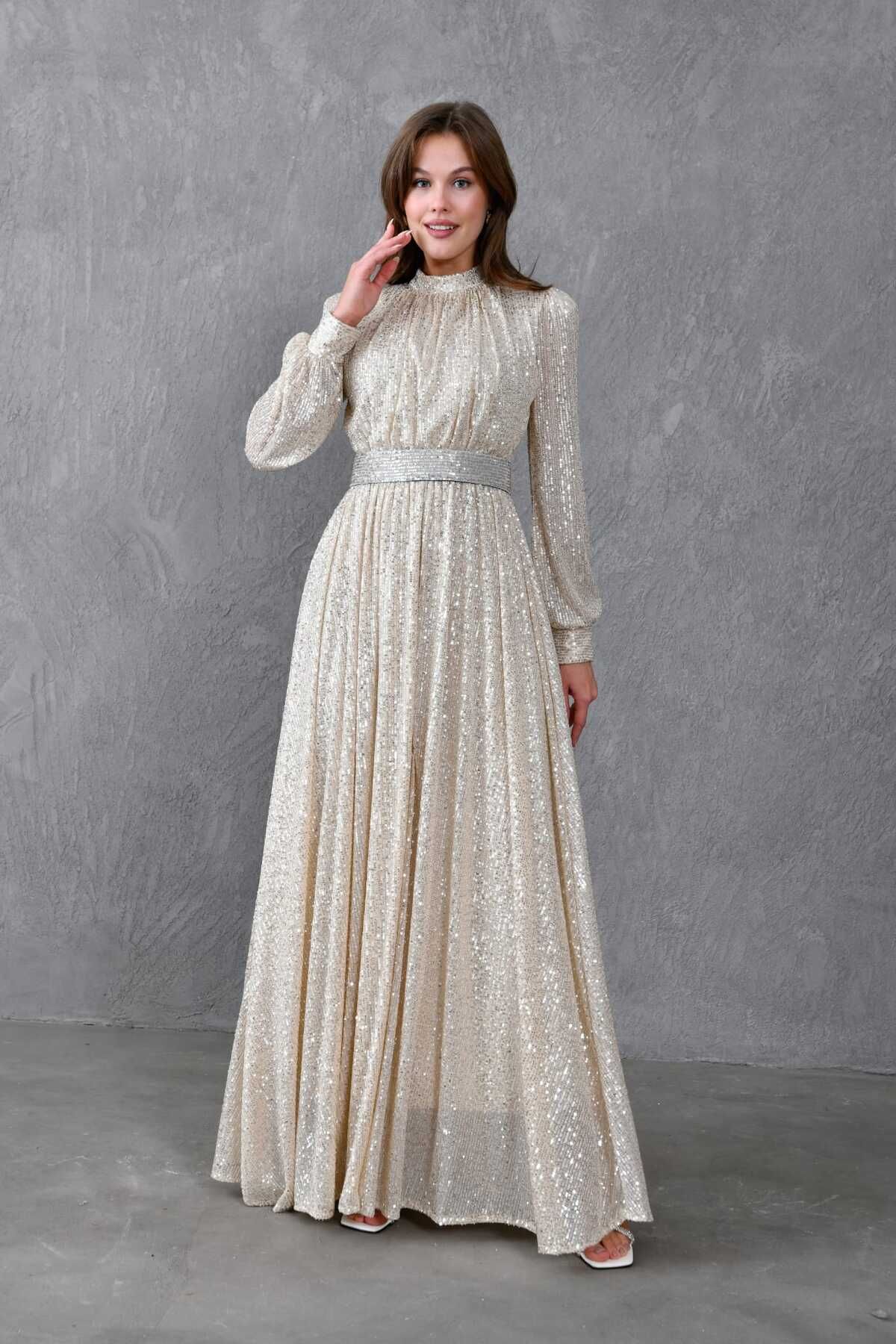 Abiye Pul Payetli Elbise - beyaz