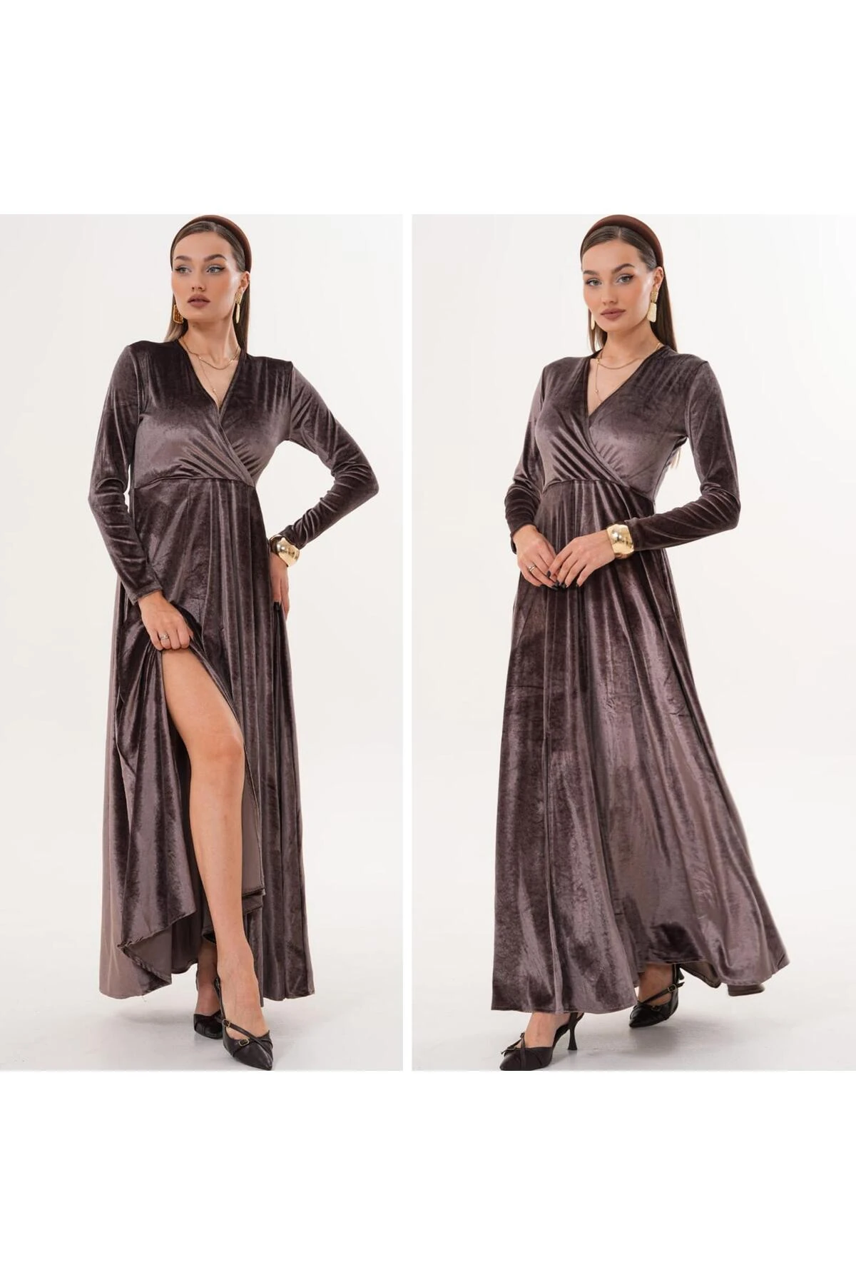 Abiye Yırtmaçlı Kadife Elbise