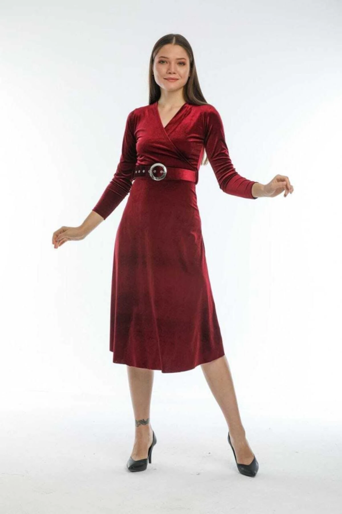 Ithal Kadife Elbise Midi (KEMERLİ)