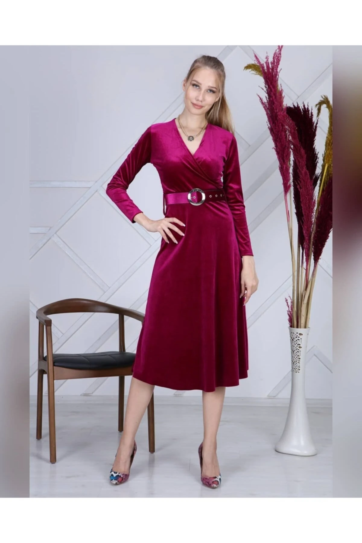 Ithal Kadife Elbise Midi (KEMERLİ) - mürdüm