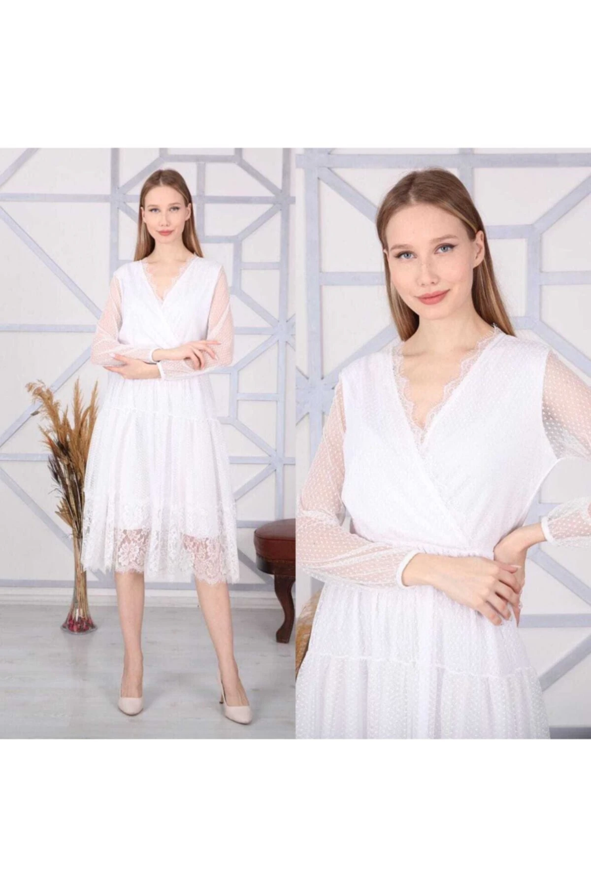 Kadın Bordo Tül Astarlı Elbise - beyaz