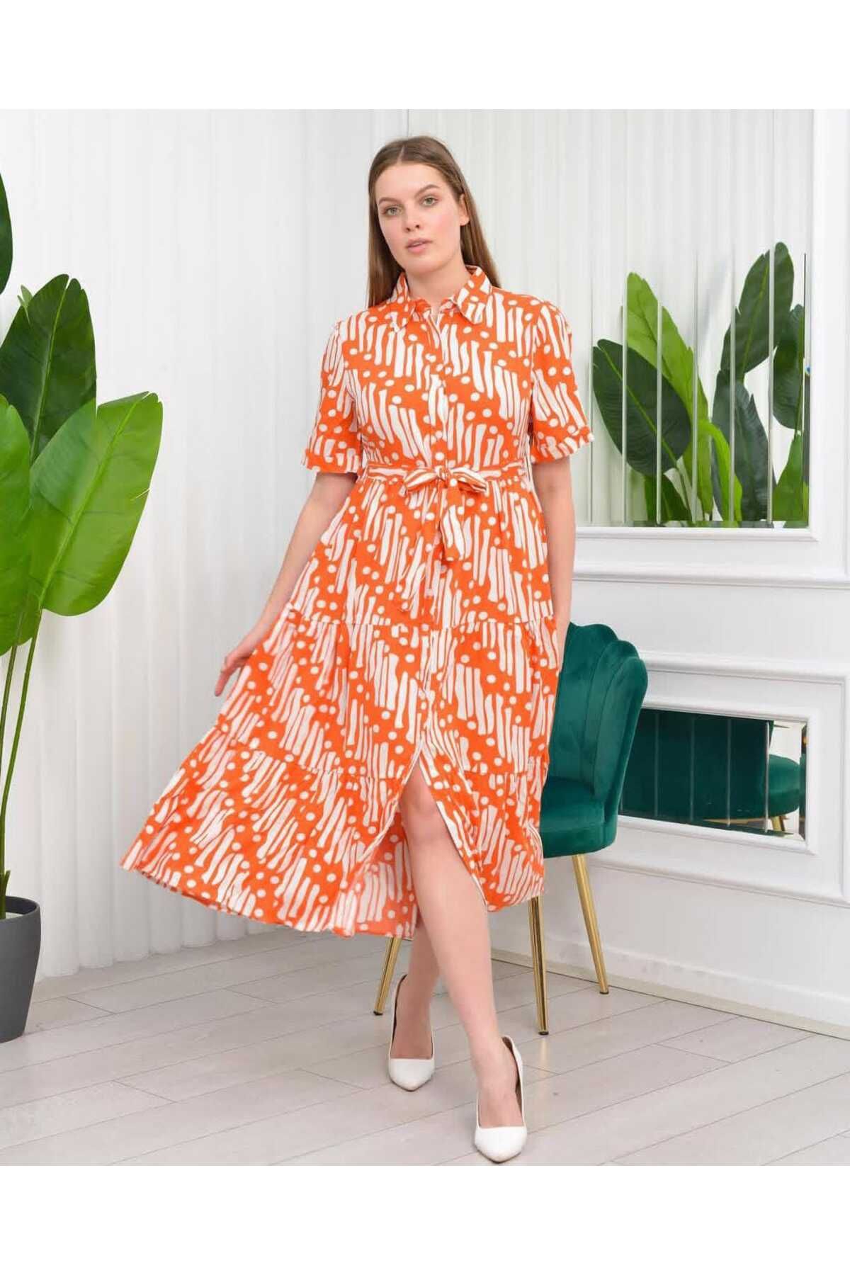 Gömlek Yaka Viskon Kuşaklı Elbise