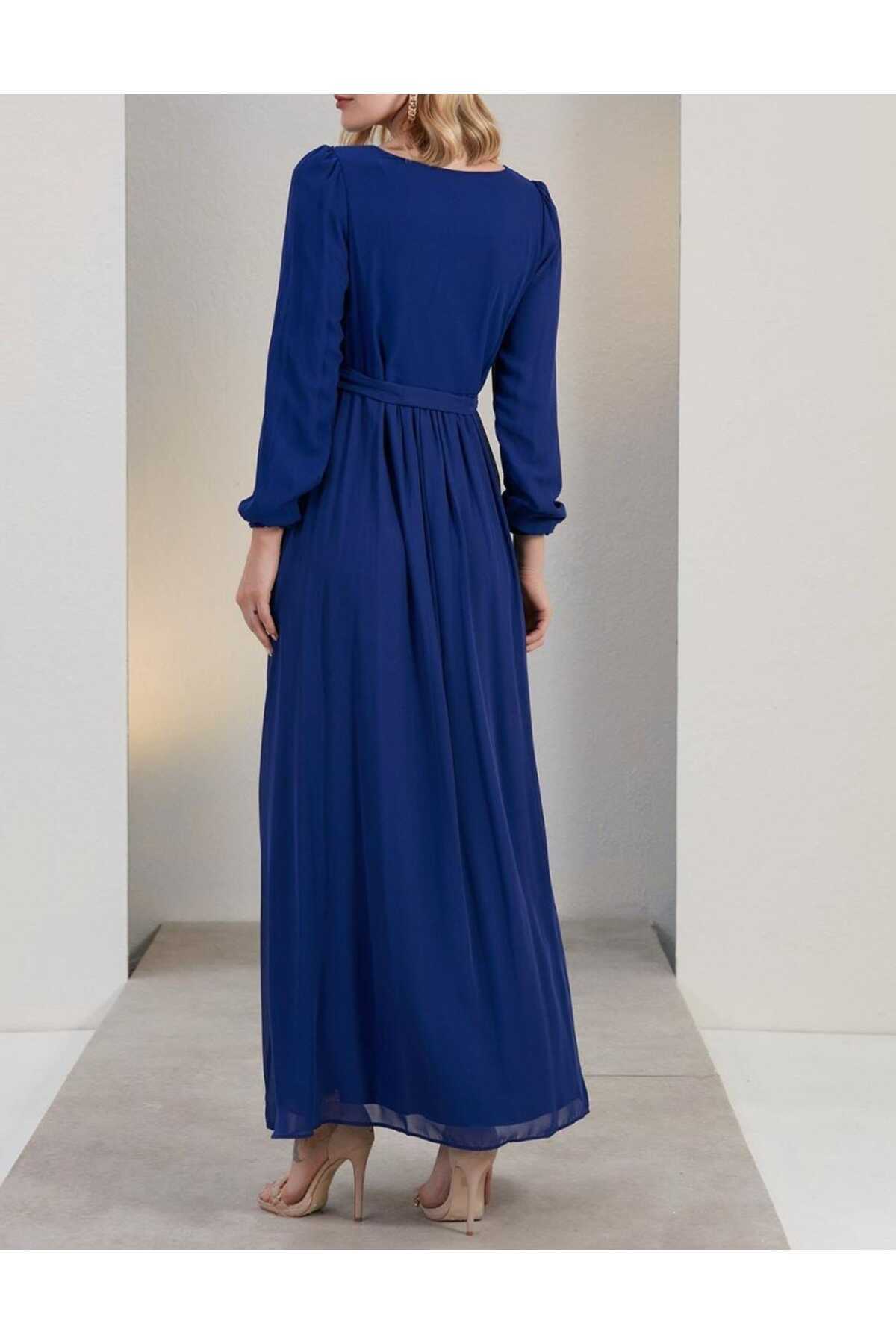 Düz Balon Kol Şifon Elbise