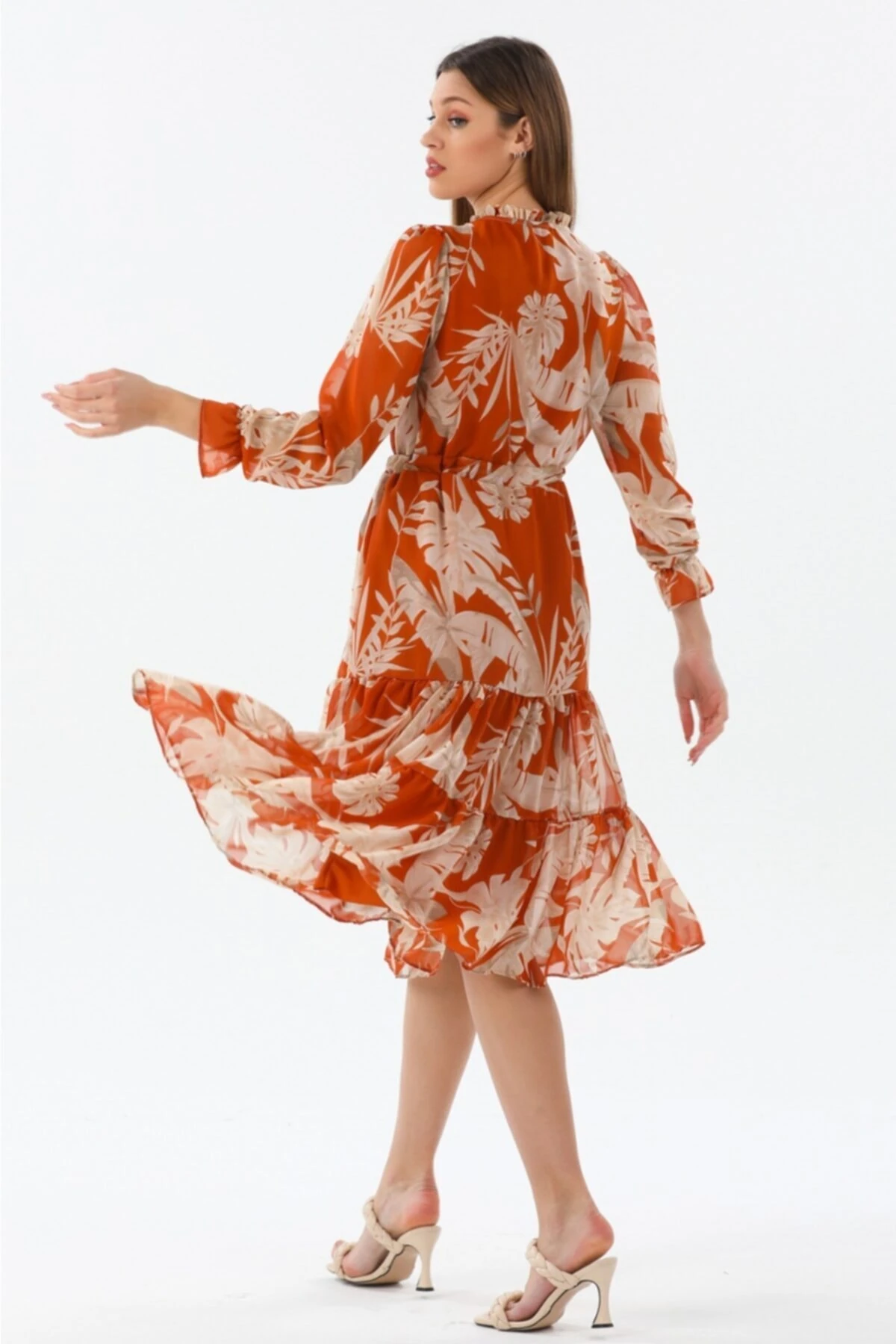 Midi Boy Bağcıklı Şifon Elbise