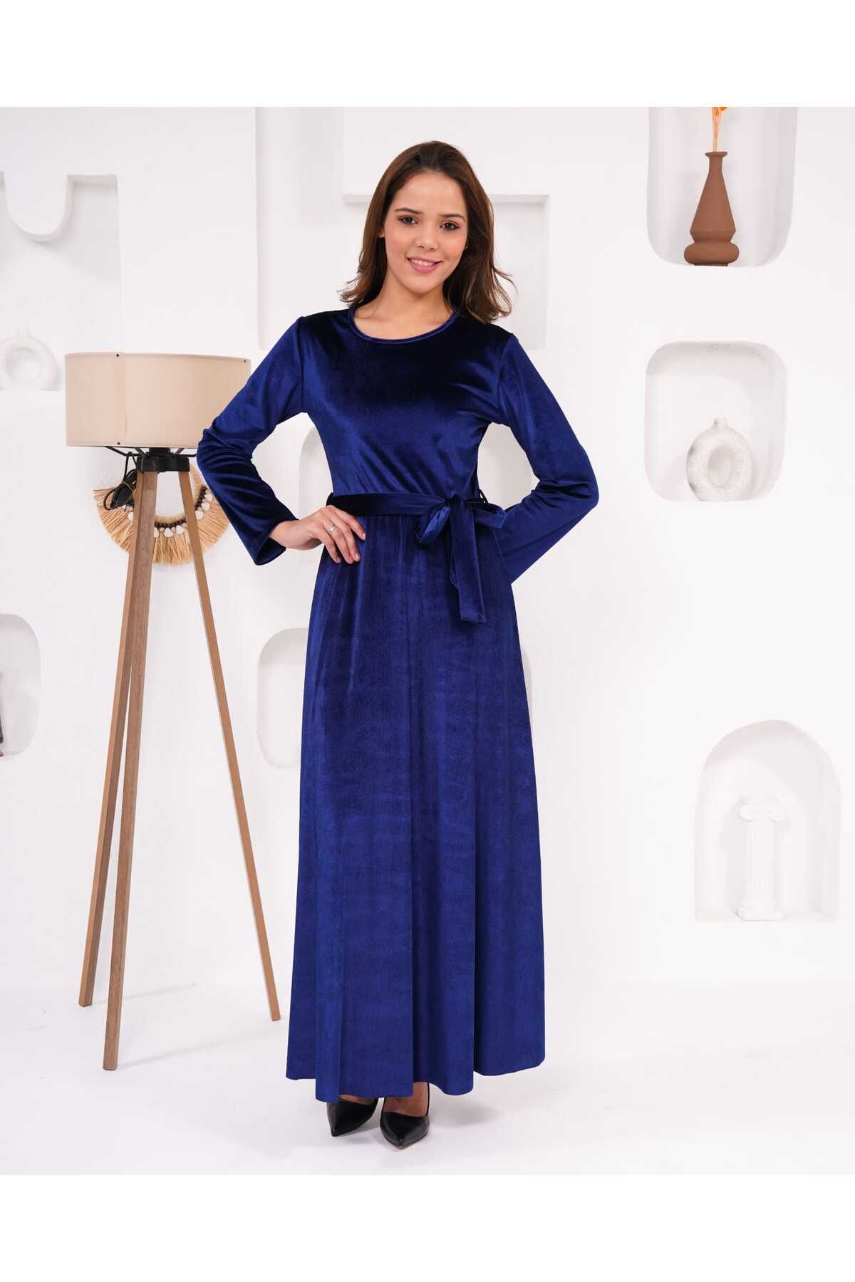 Bisiklet Yaka Kadife Elbise - lacivert