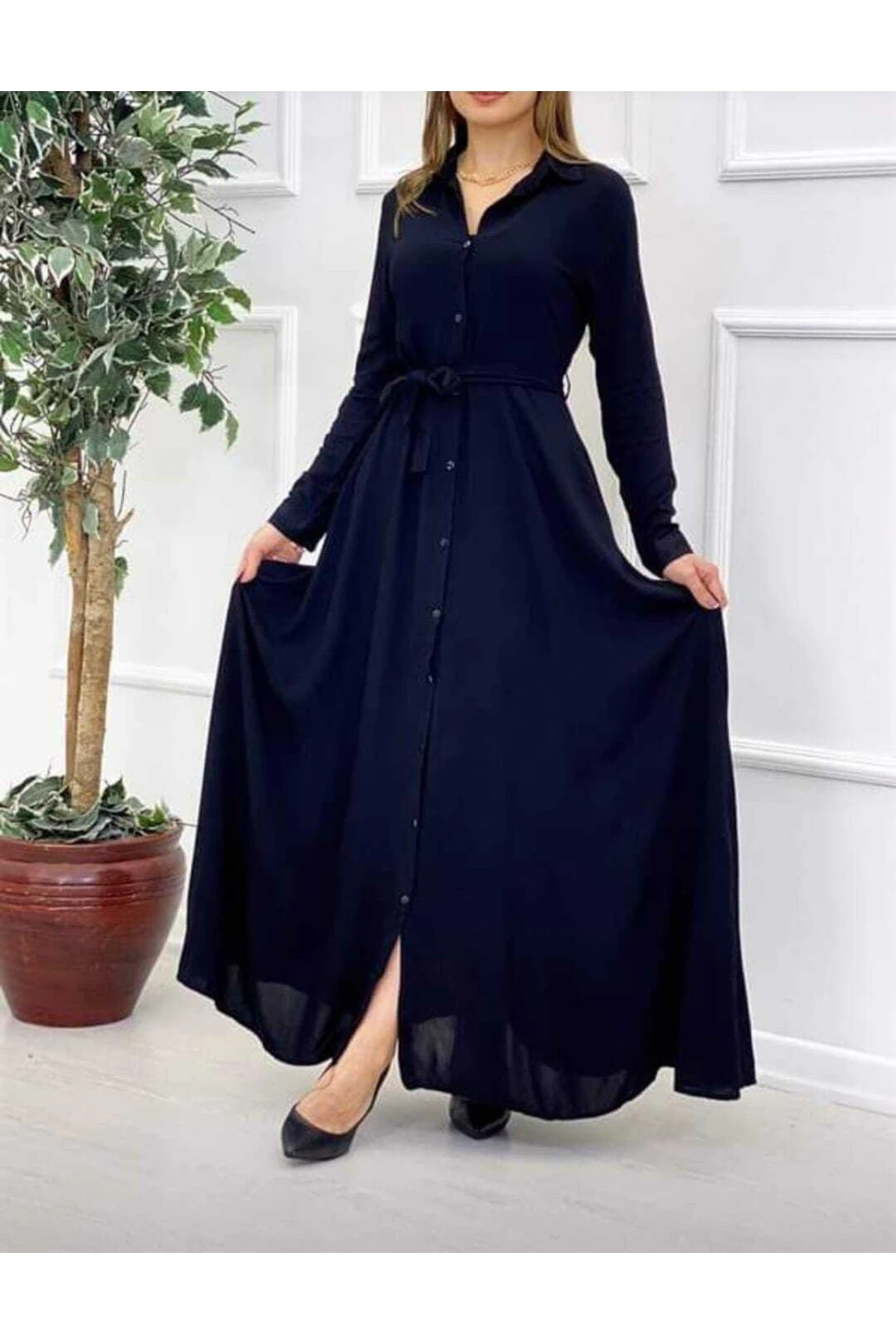 Gömlek Yaka Uzun Boy Viskon Elbise