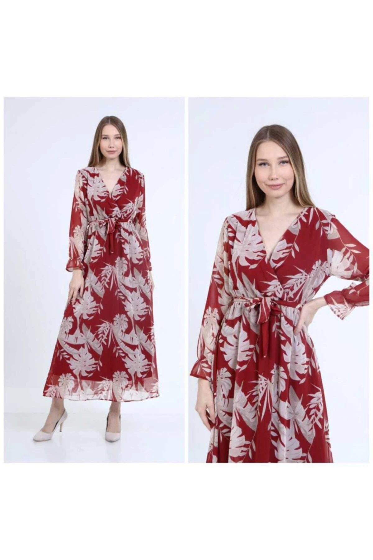 Kadın Kırmızı Çiçek Desenli Uzun Şifon Elbise - kırmızı yaprak desen