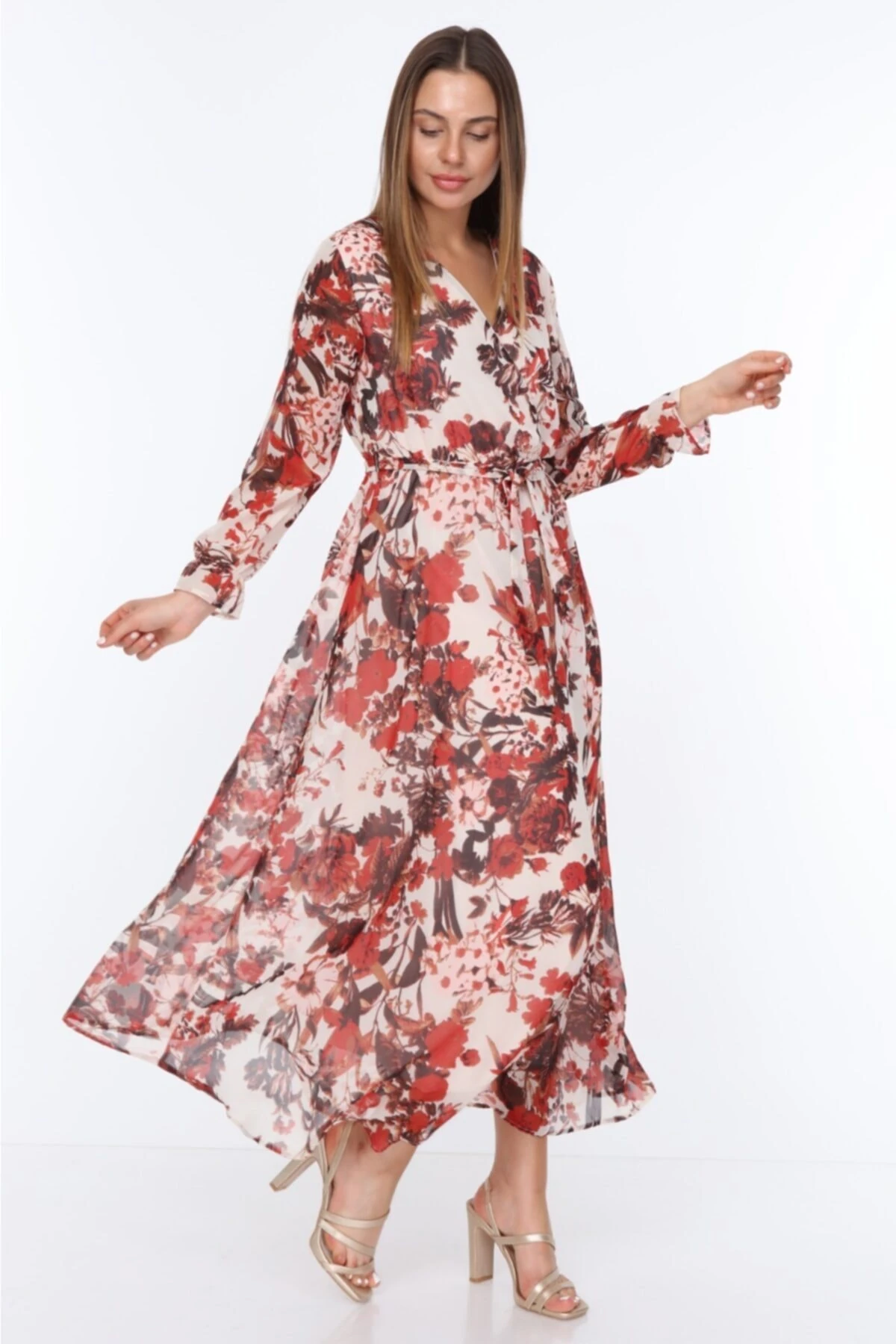 Kadın   Çiçek Desenli Uzun Şifon Elbise - kırmızı