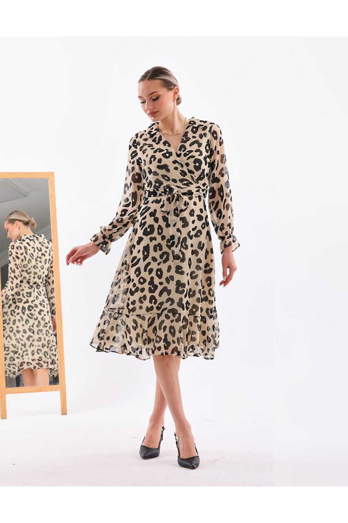 Yakalı Midi Boy Şifon Elbise