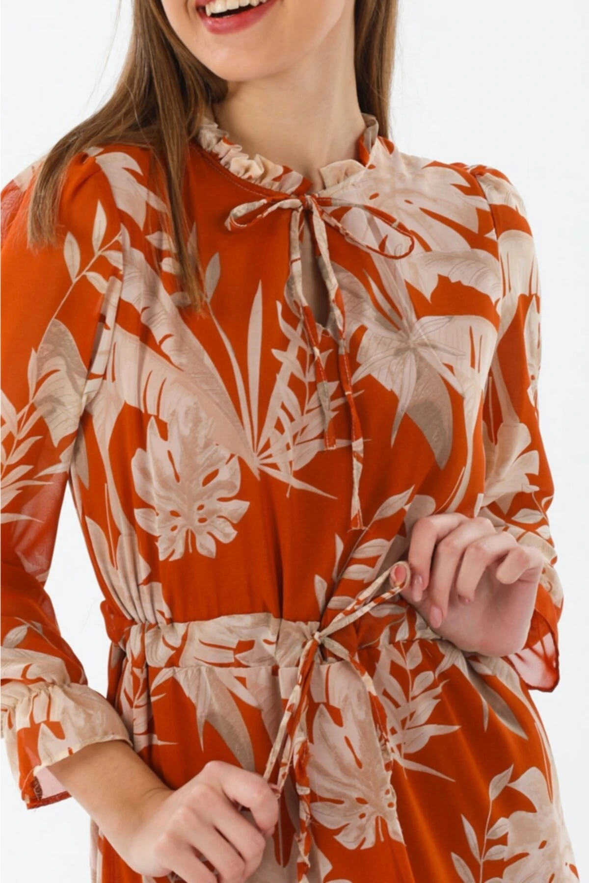 Midi Boy Bağcıklı Şifon Elbise